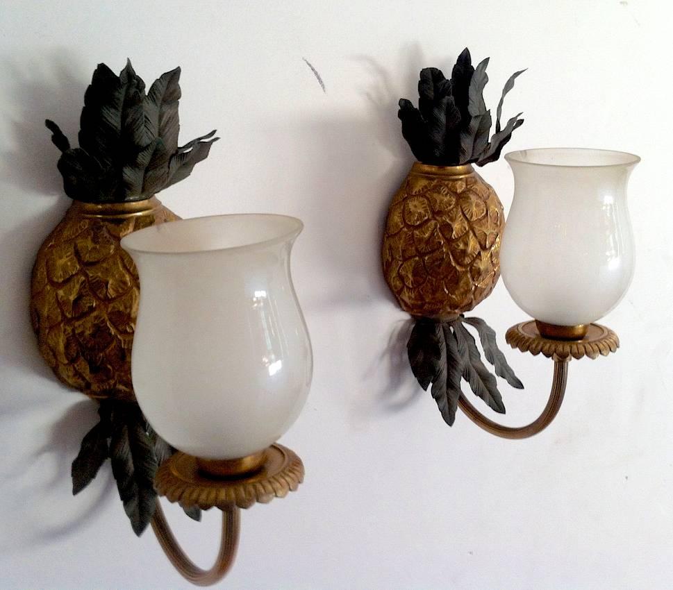 French Maison Bagues Ananas Shaped Bronze Sconce Wth Opaline Glass For Sale