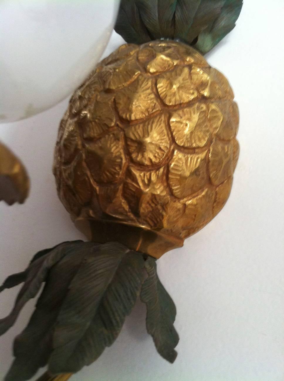 Mid-Century Modern Maison Bagues Ananas Shaped Bronze Sconce Wth Opaline Glass For Sale