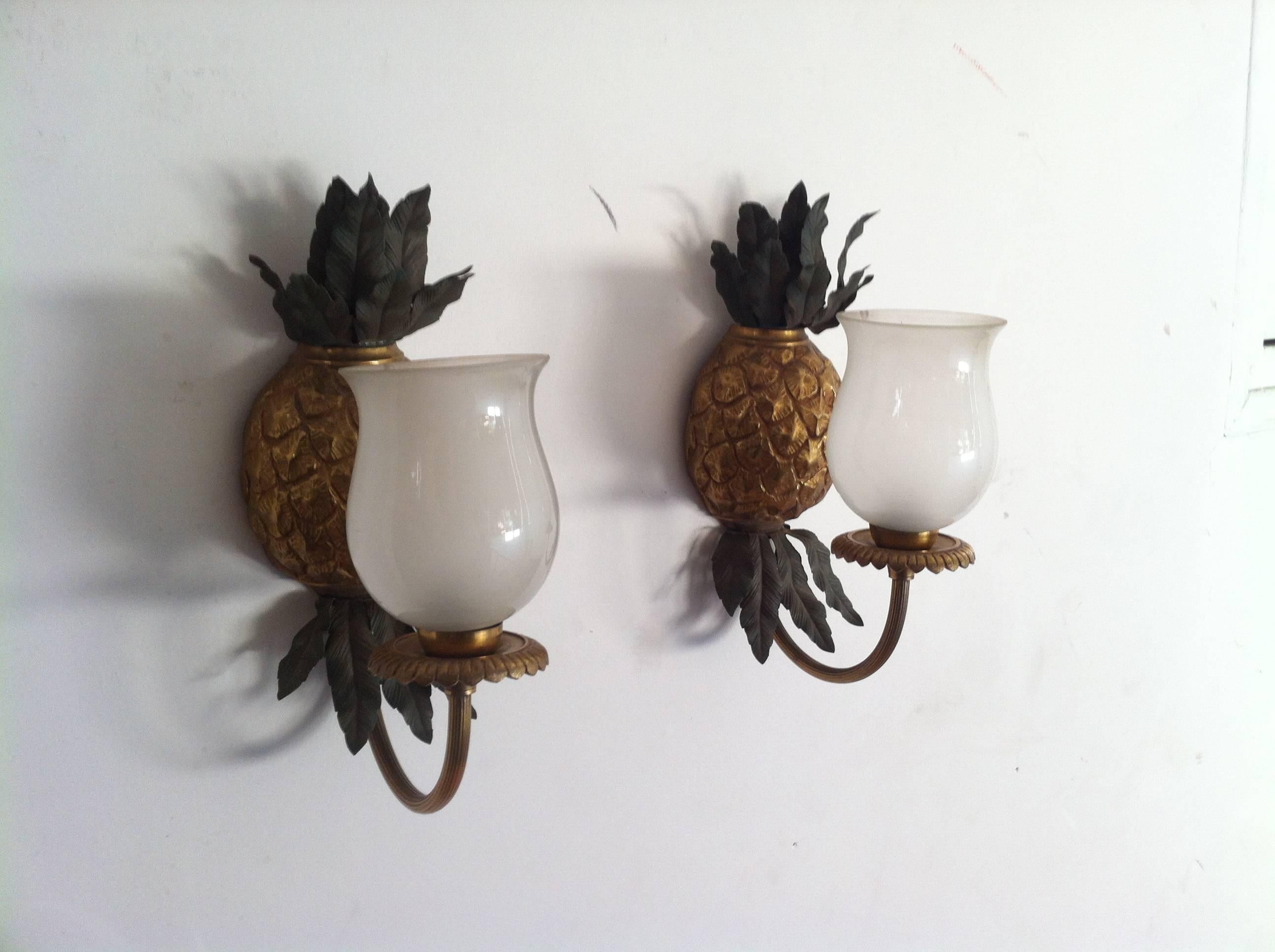 Maison Bagues Ananas Shaped Bronze Sconce Wth Opaline Glass For Sale 1