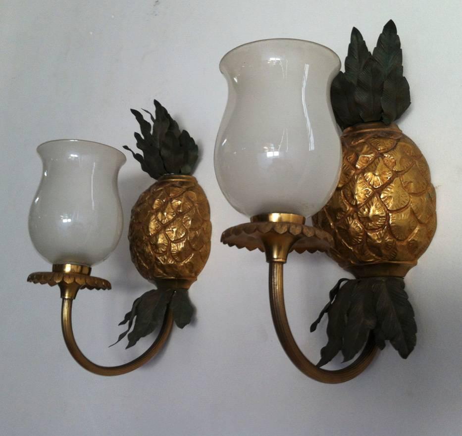 Maison Bagues ananas shaped bronze sconce with opaline glass.