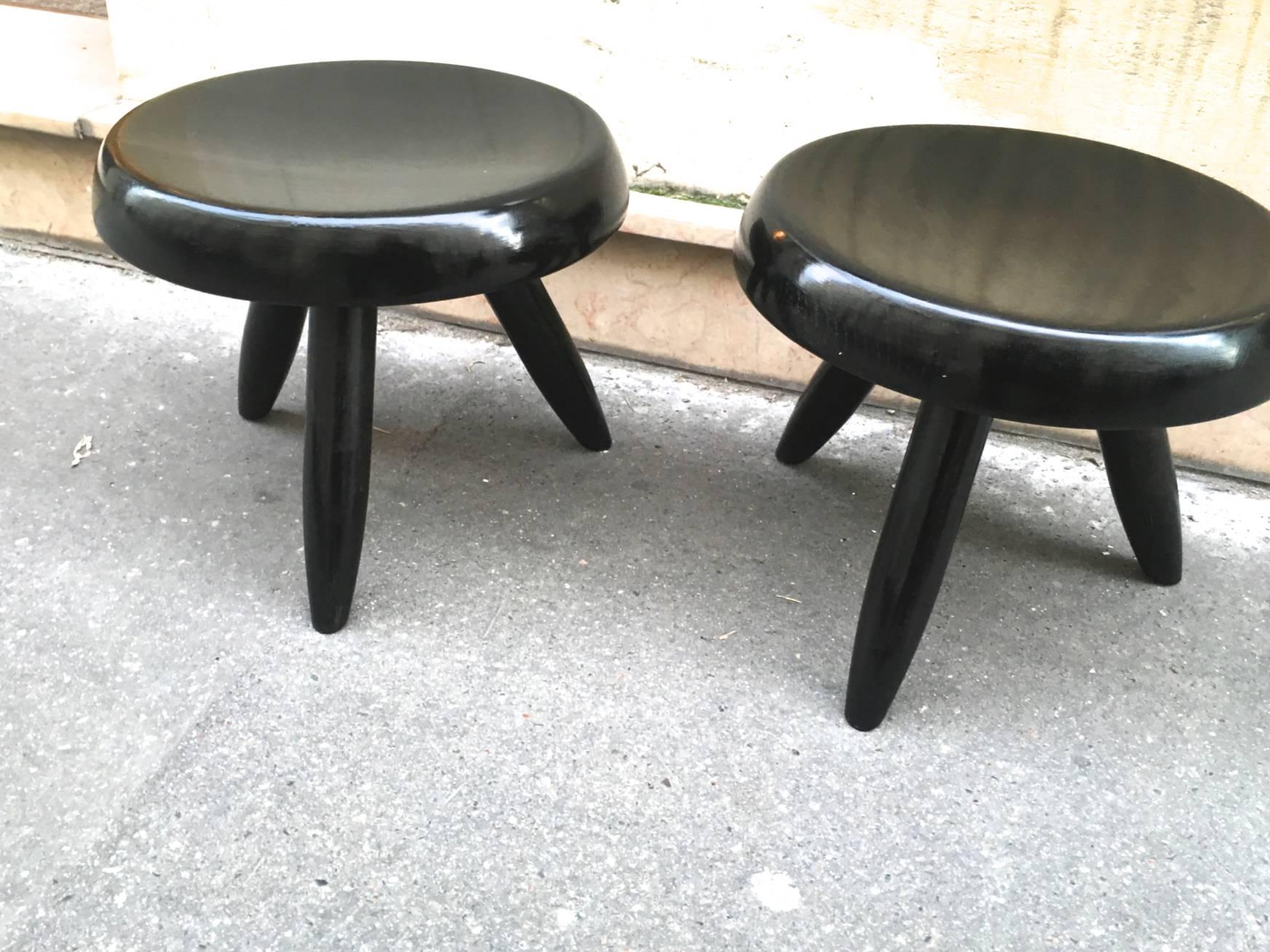 French Charlotte Perriand Rare Genuine Pair of Black Tripod Stools