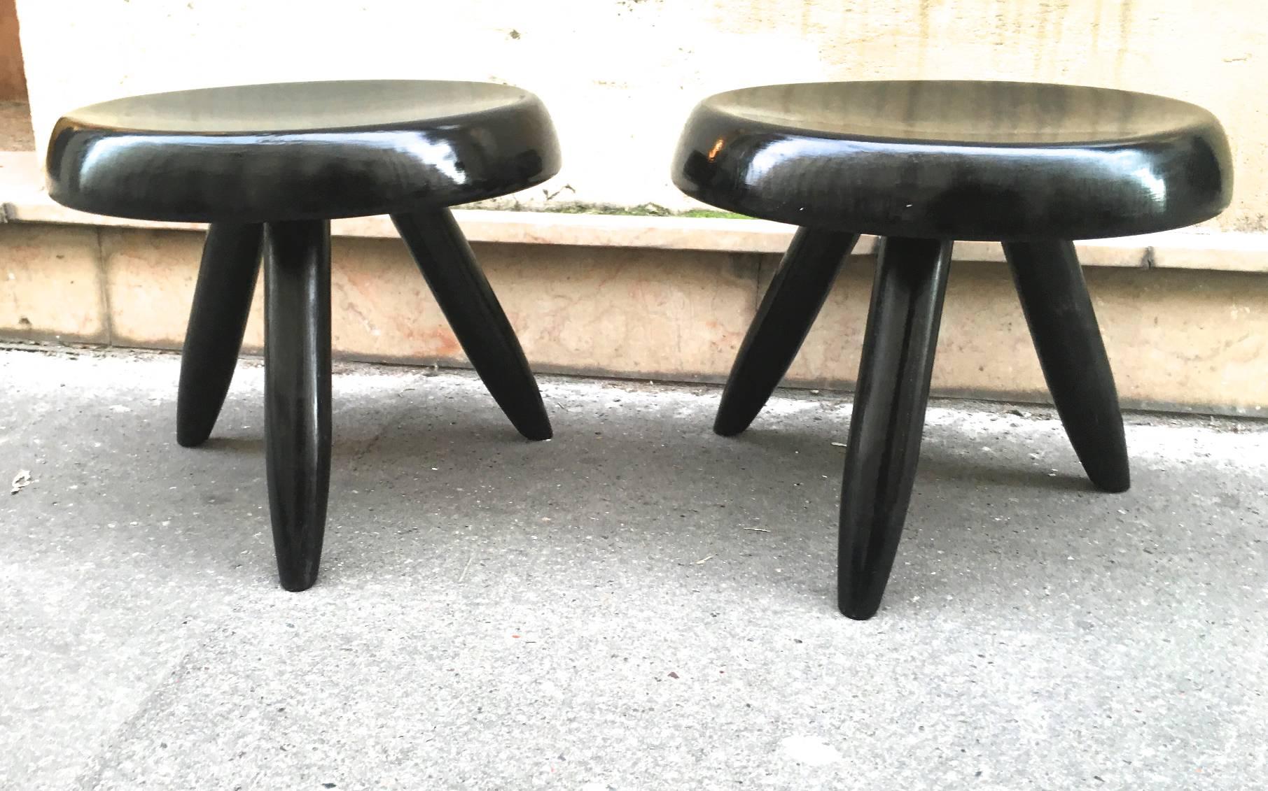 Blackened Charlotte Perriand Rare Genuine Pair of Black Tripod Stools