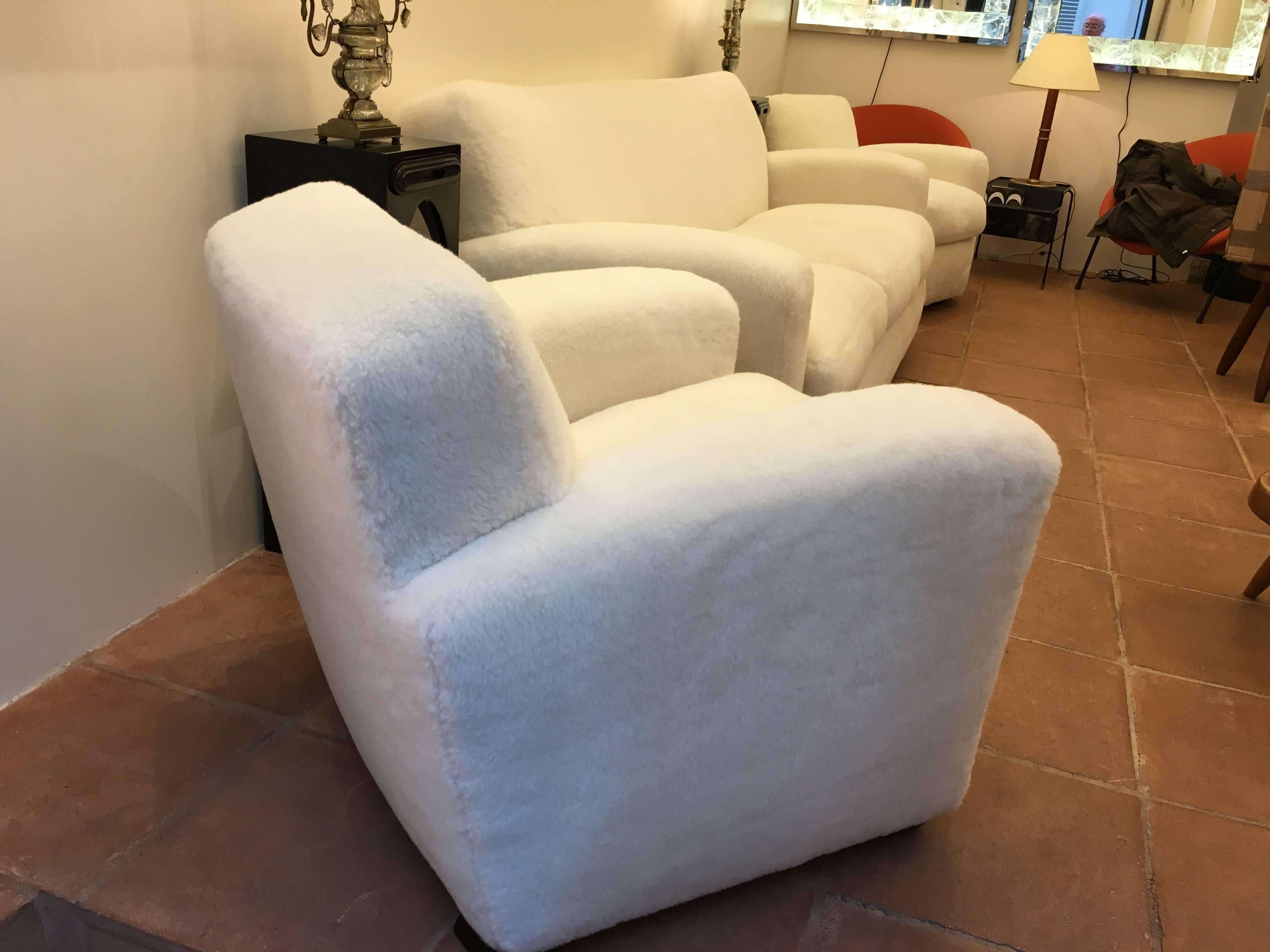 Jean Royère for Maison Gouffé, One Couch and Two Club Chairs in Faux Fur For Sale 1