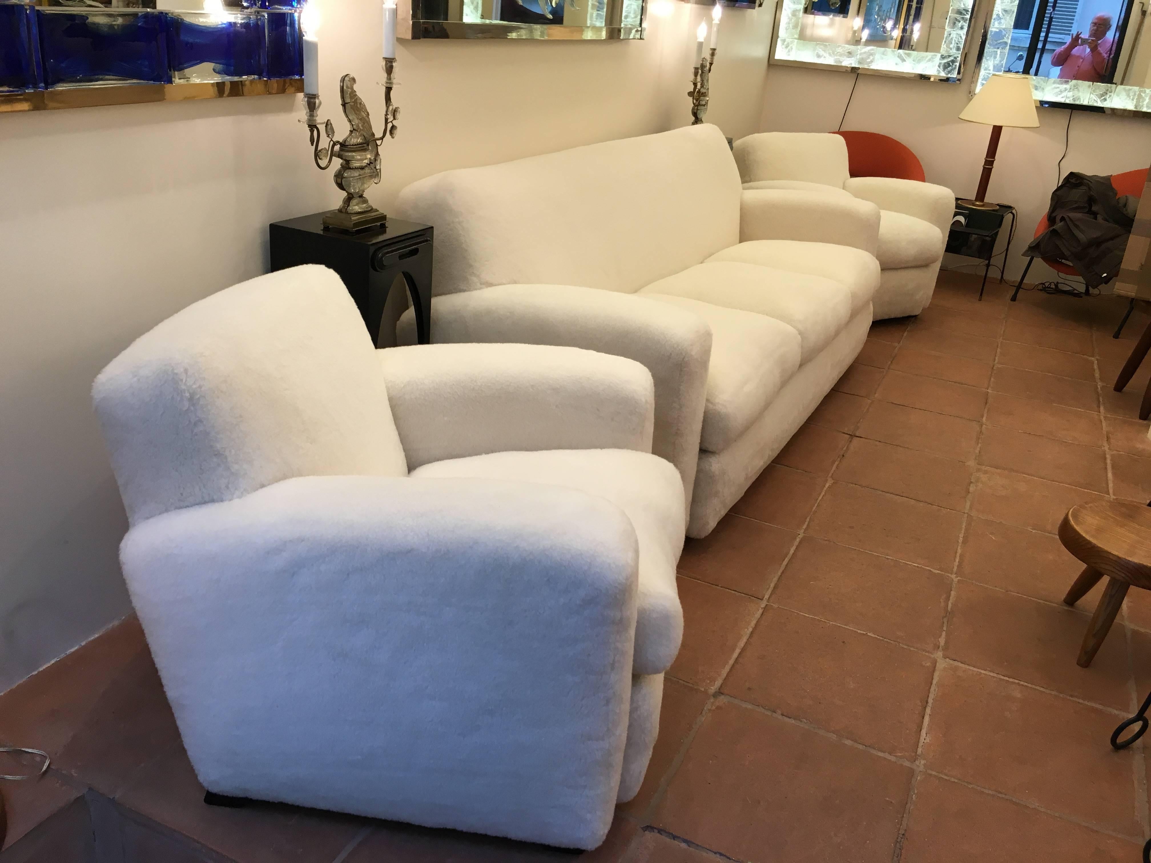 Mid-Century Modern Jean Royère for Maison Gouffé, One Couch and Two Club Chairs in Faux Fur For Sale