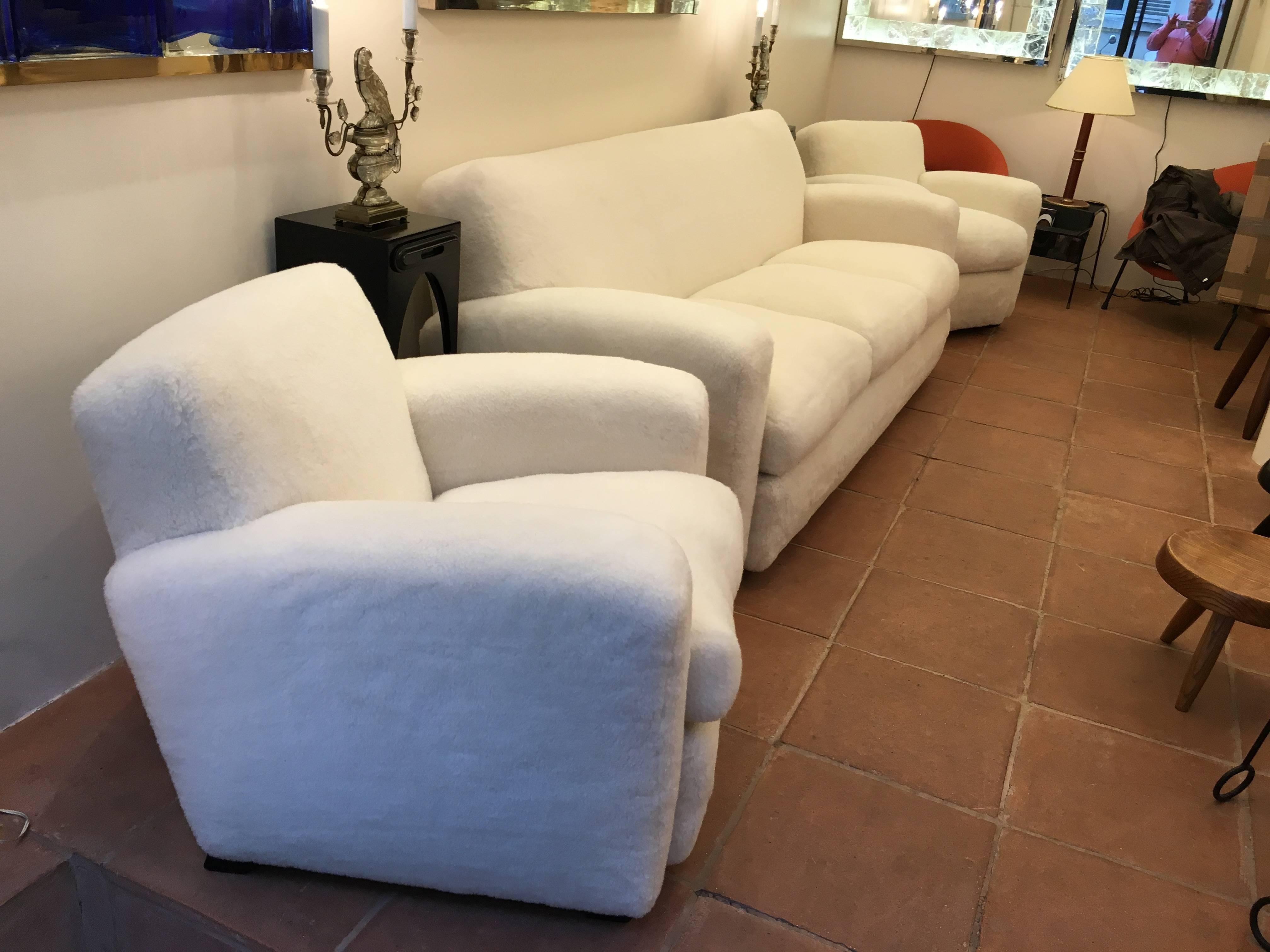 French Jean Royère for Maison Gouffé, One Couch and Two Club Chairs in Faux Fur For Sale