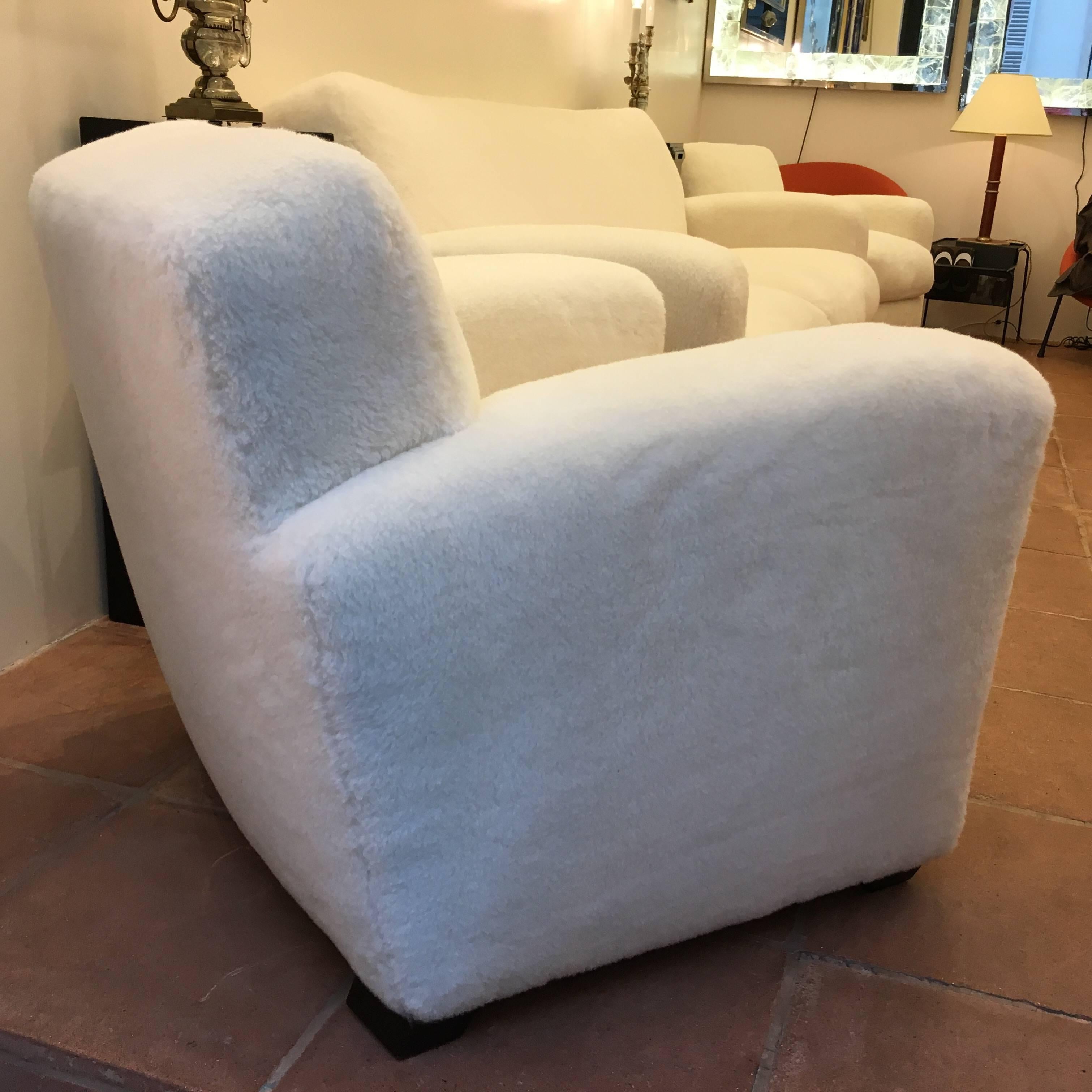 Mid-20th Century Jean Royère for Maison Gouffé, One Couch and Two Club Chairs in Faux Fur For Sale