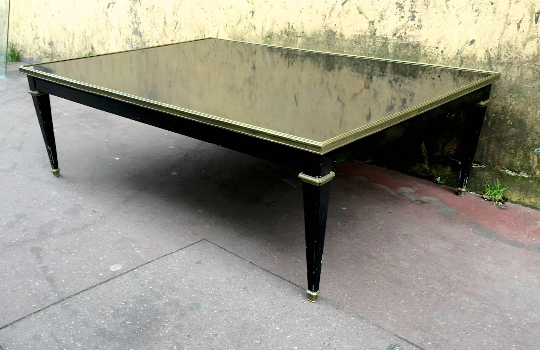 Maison Jansen black lacquered neoclassic large coffee table with bronze details.