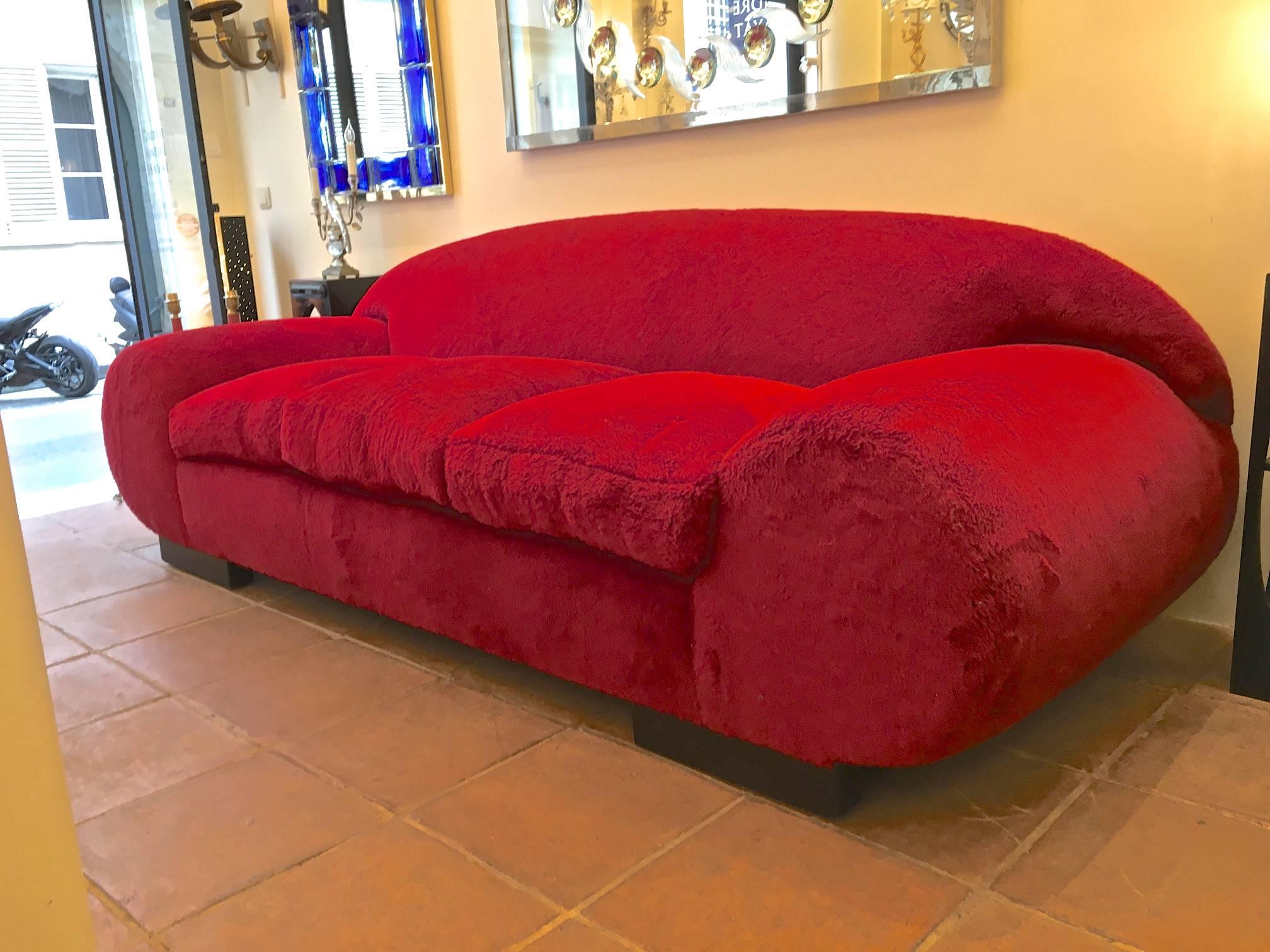 French Jean Royère Rarest Mammoth Big Documented Red Couch Covered in Wool Faux Fur For Sale