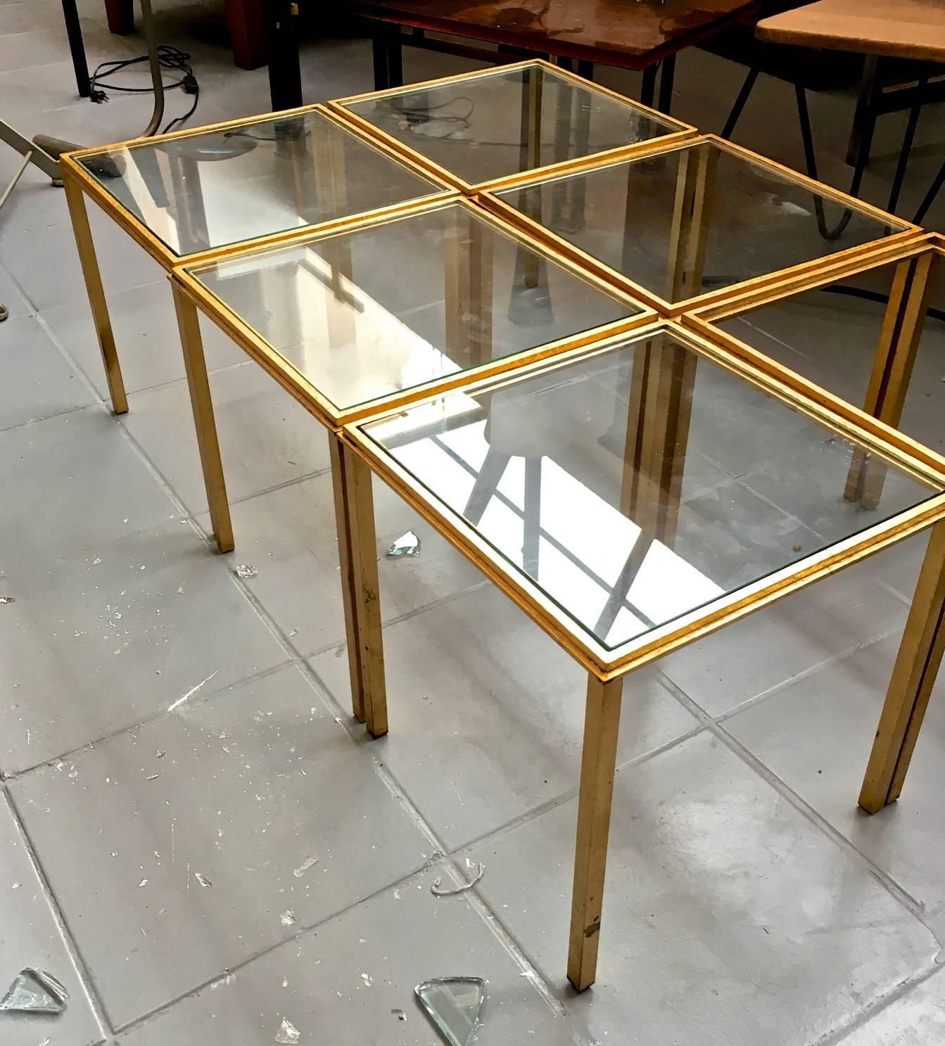 Mid-20th Century Roger Thibier Spectacular Gold Leaf Wrought Iron Big Coffee Table Made of 6 Unit For Sale