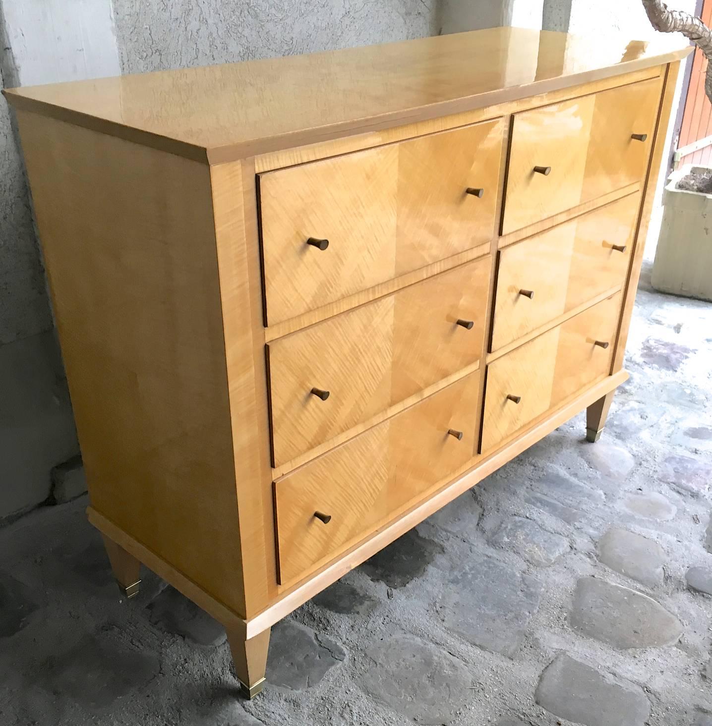 French Jacques Adnet Sycamore Chicest Neoclassic Chest of Six-Drawers For Sale