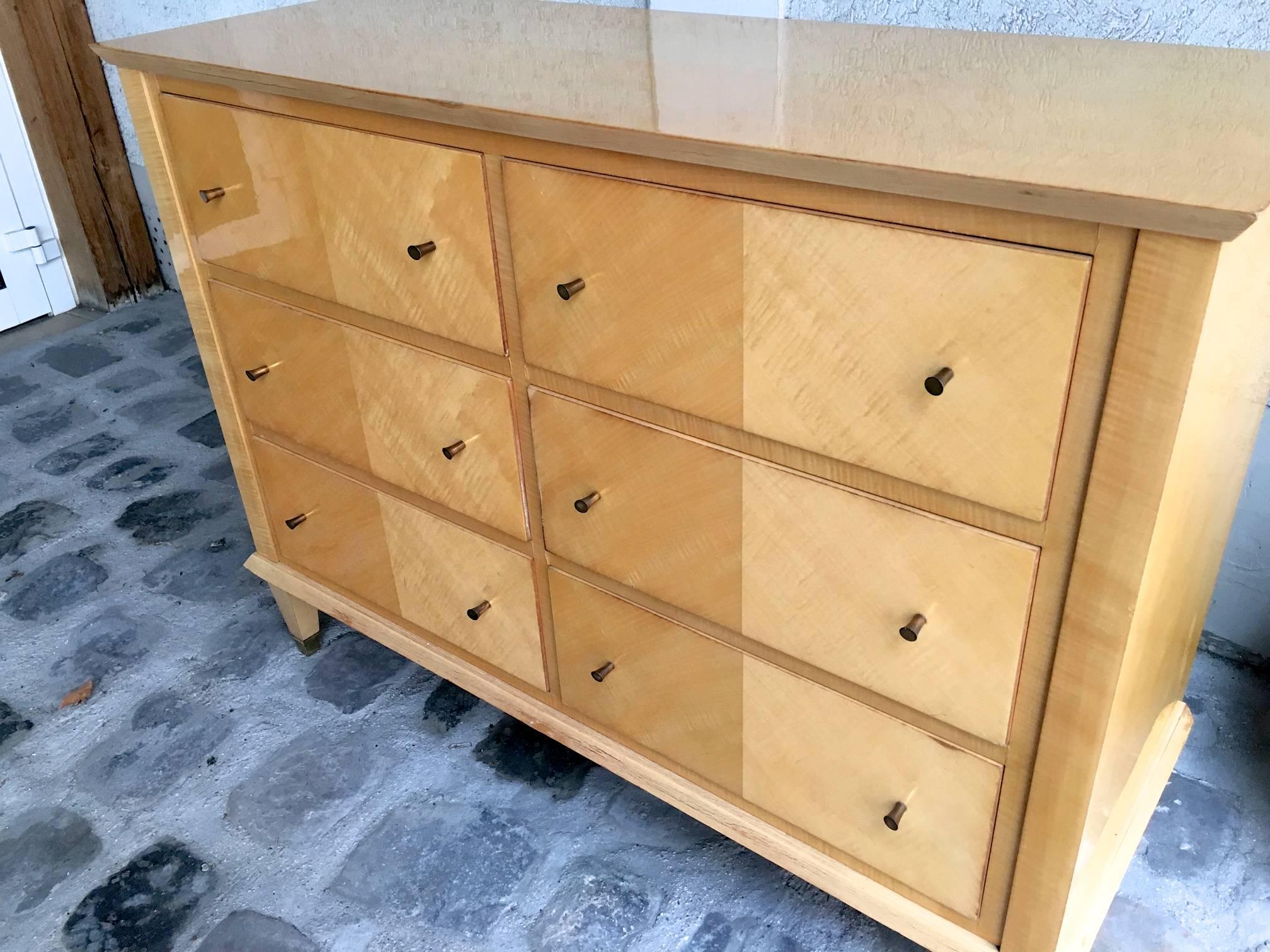 Mid-20th Century Jacques Adnet Sycamore Chicest Neoclassic Chest of Six-Drawers For Sale