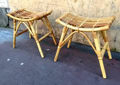 French Riviera, 1950s Beautiful Design Pair of Wicker Stools in Mint Condition