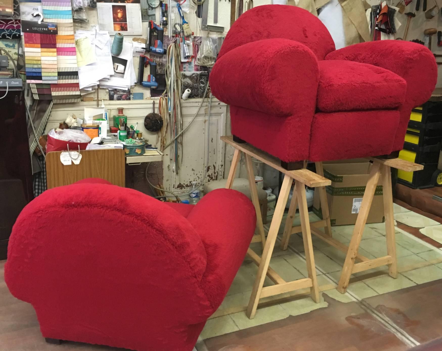 French Jean Royère for Gouffé Pair of Big Red Club Chairs in Red Wool Faux Fur For Sale