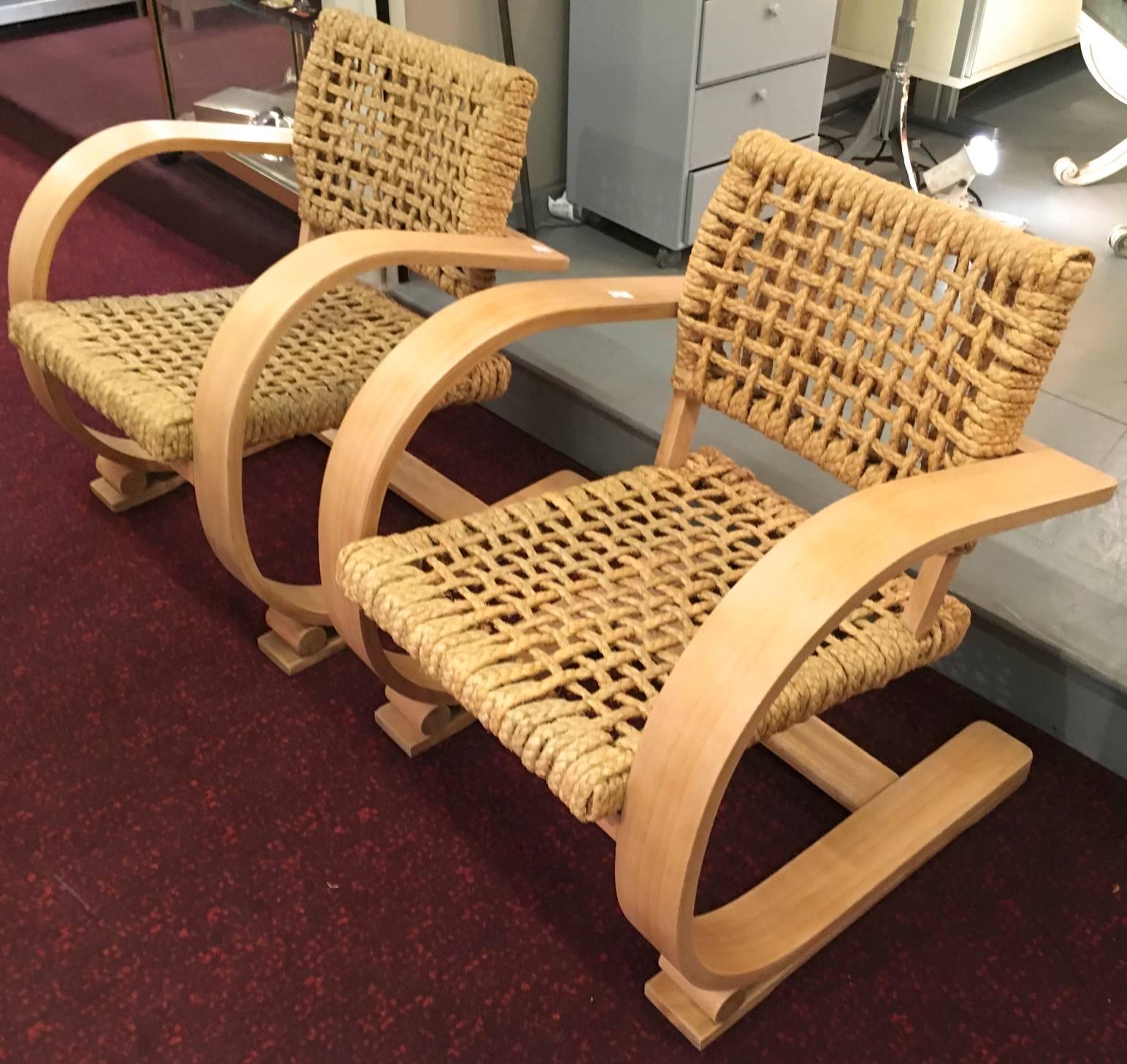 Audoux Minet for Vibo pair of blond bentwood and rope chairs in good condition.