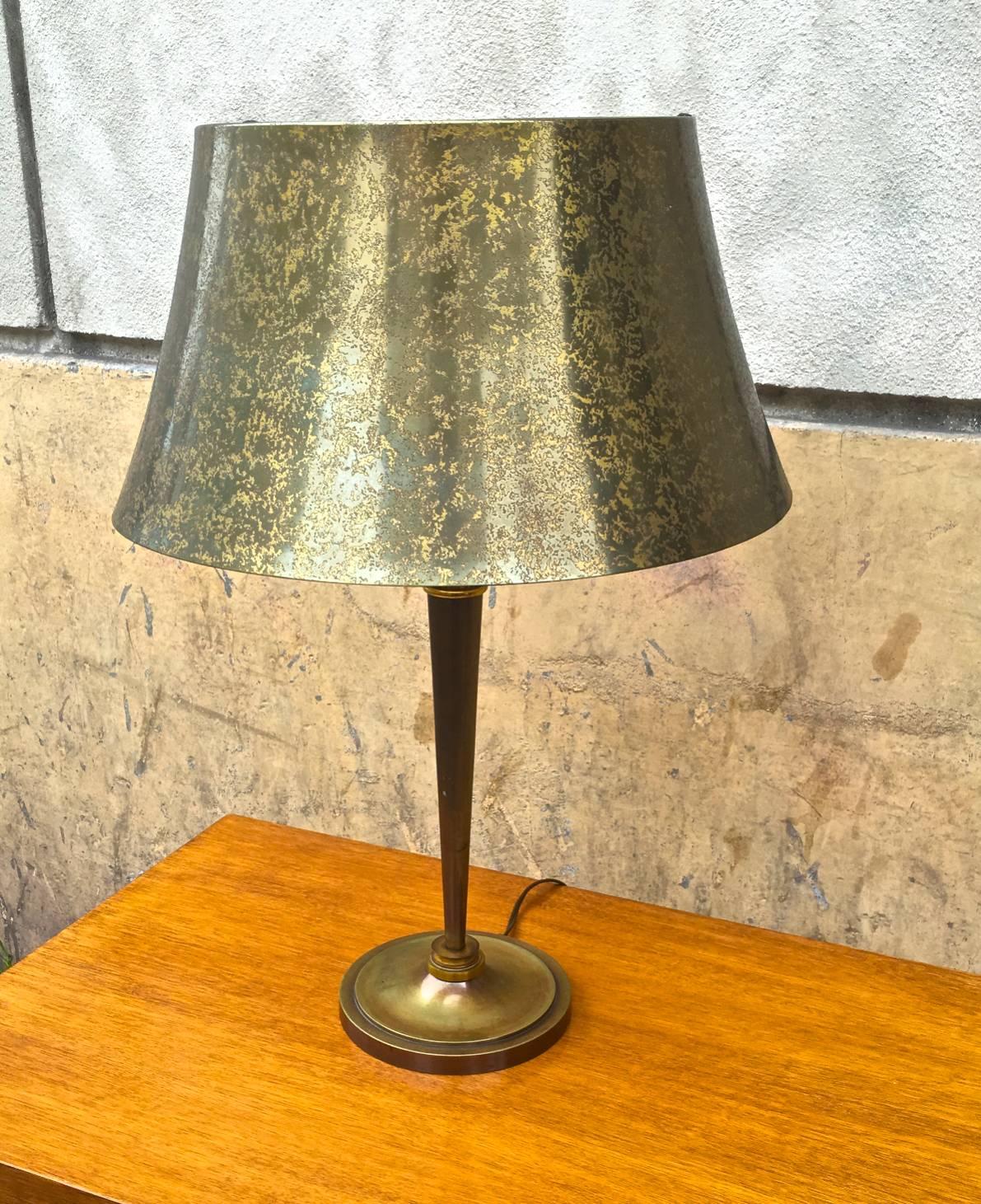 Genet Michon superb quality gold bronze desk lamp with acid engraved shade.