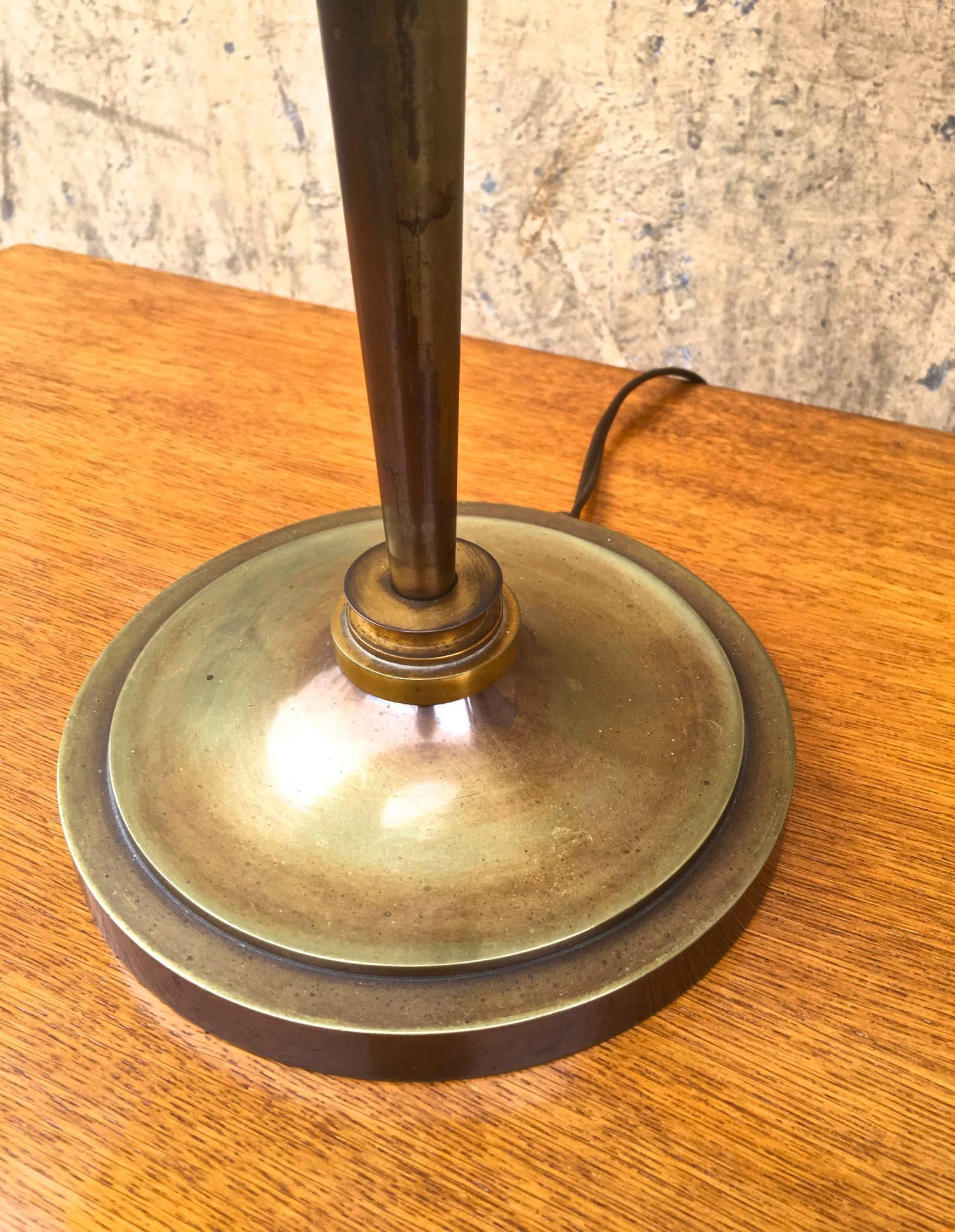 Mid-Century Modern Genet Michon Superb Quality Gold Bronze Desk Lamp with Acid Engraved Shade For Sale