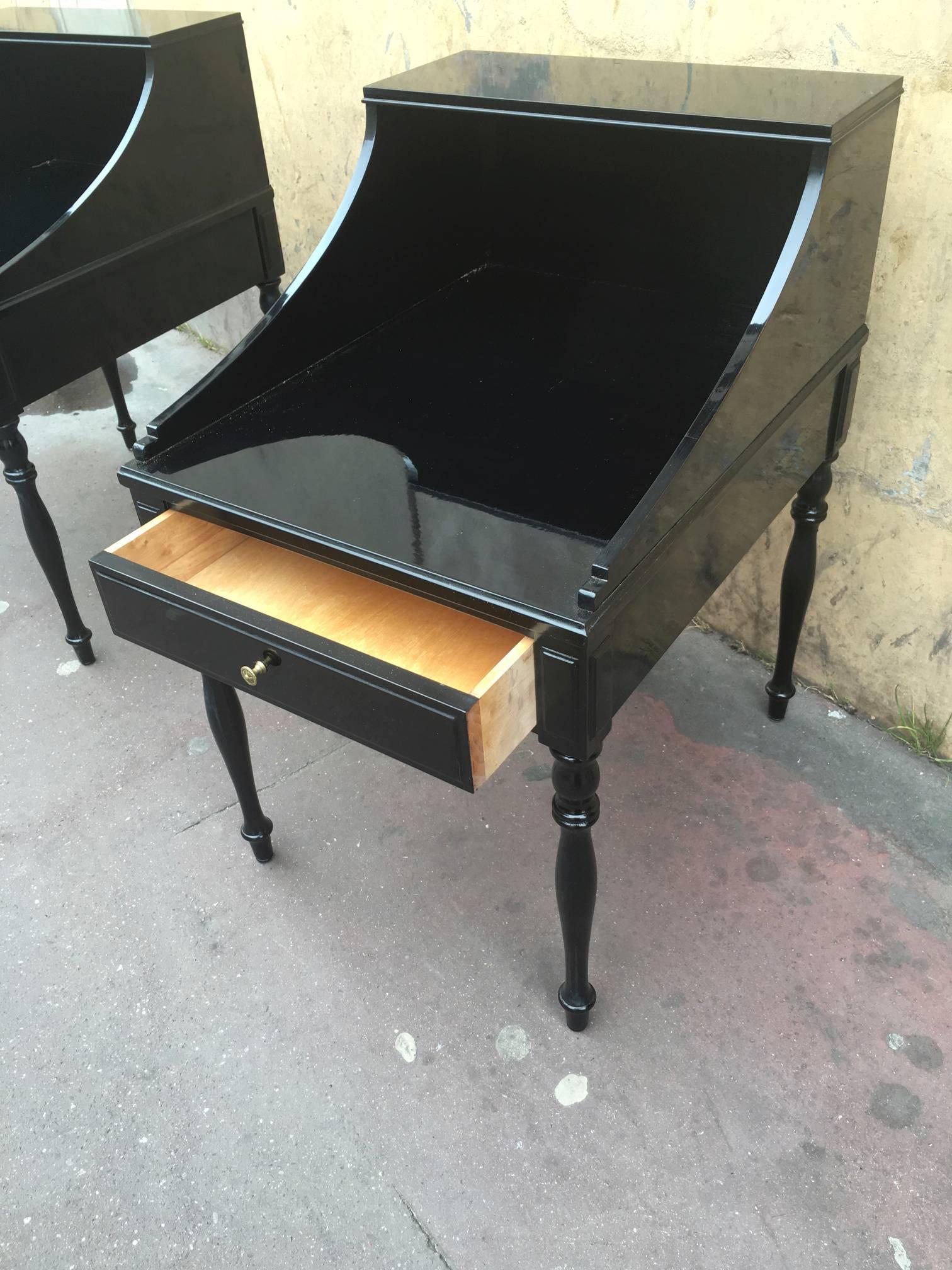 Mid-Century Modern Maison Jansen Neo-Classic Black Lacquered Bedsides