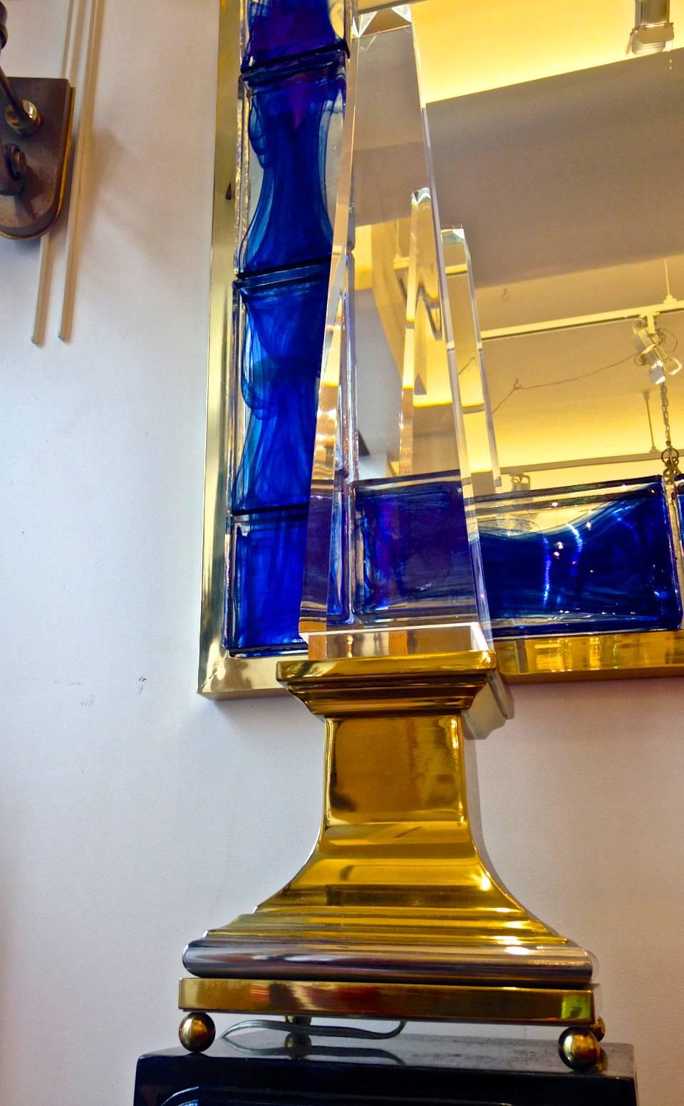 Spectacular Pair of Big Obelisk French Lucite Lighted Lamps on Gold Bronze Base For Sale 5