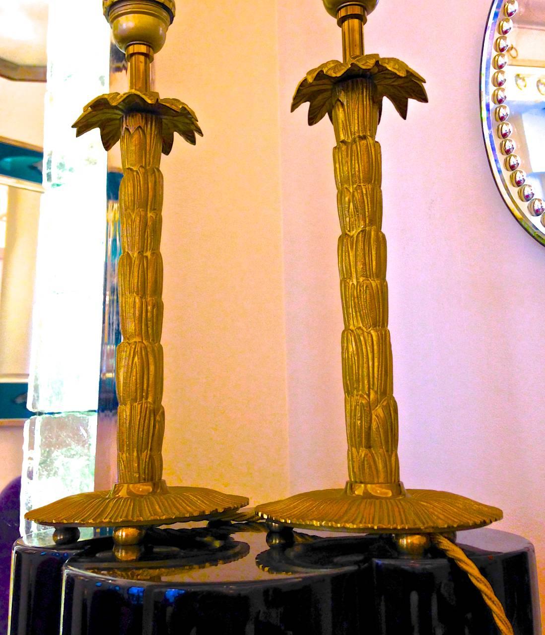 Maison Bagues superb pair small refined of gold bronze palm table lamps.