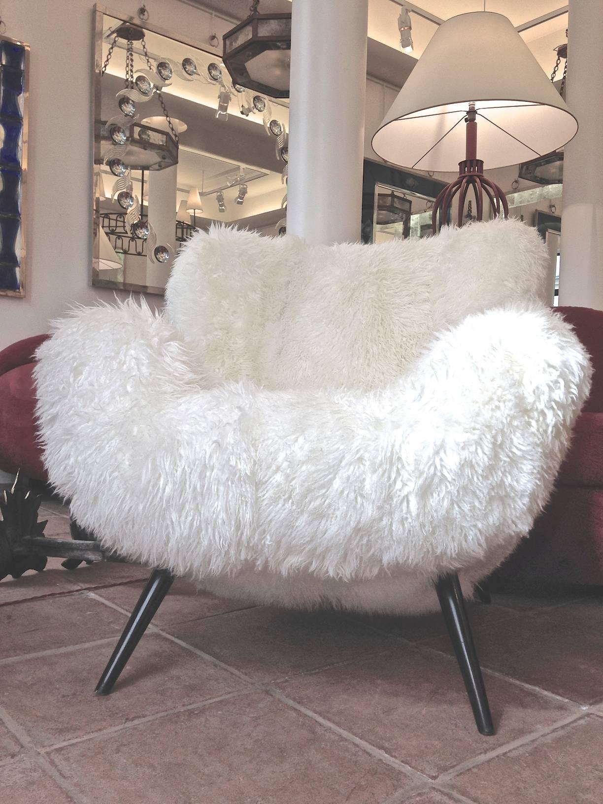 German Fritz Neth Rarest Spectacular Wood Legged Lounge Chairs Covered in Sheepskin Fur For Sale