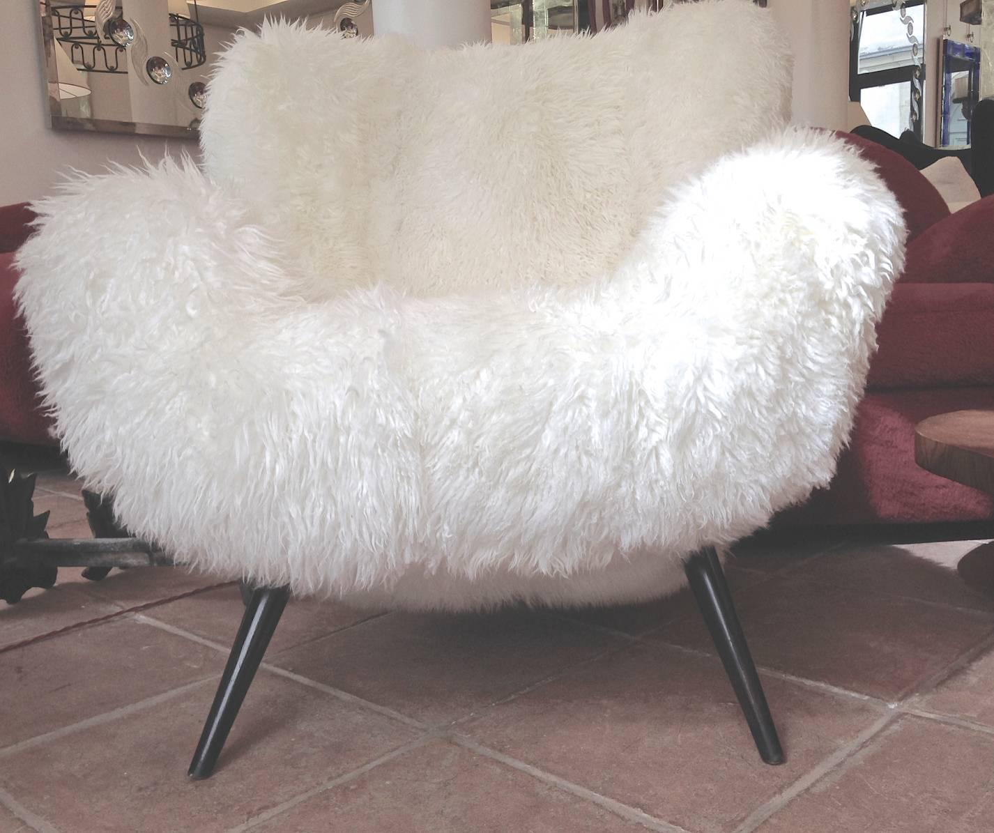 Mid-20th Century Fritz Neth Rarest Spectacular Wood Legged Lounge Chairs Covered in Sheepskin Fur For Sale