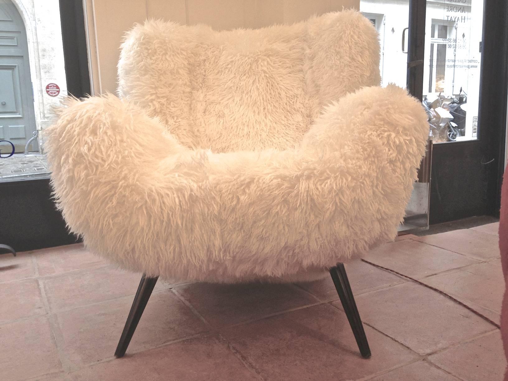 Fritz Neth Rarest Spectacular Wood Legged Lounge Chairs Covered in Sheepskin Fur For Sale 1