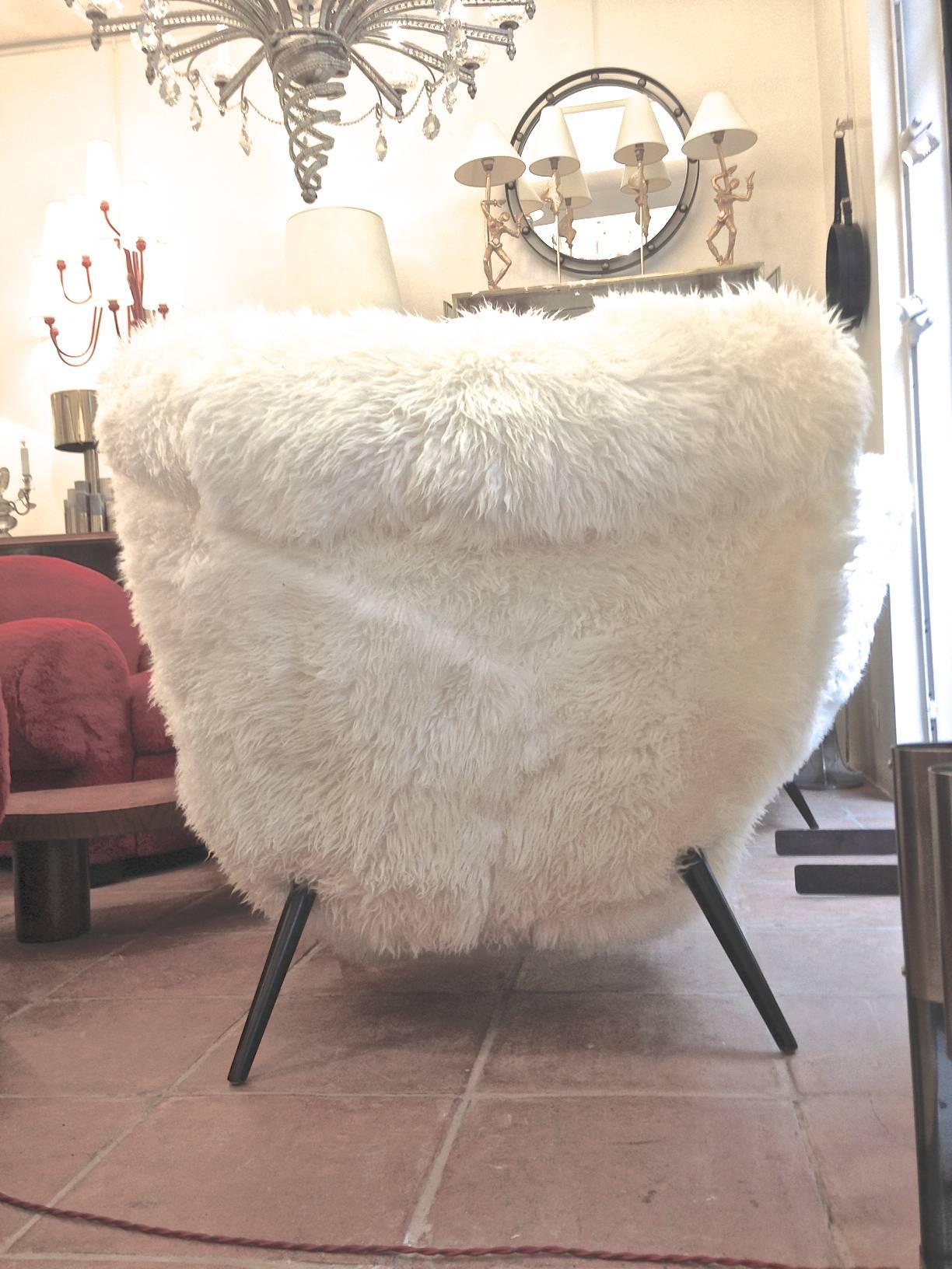 Fritz Neth Rarest Spectacular Wood Legged Lounge Chairs Covered in Sheepskin Fur For Sale 2