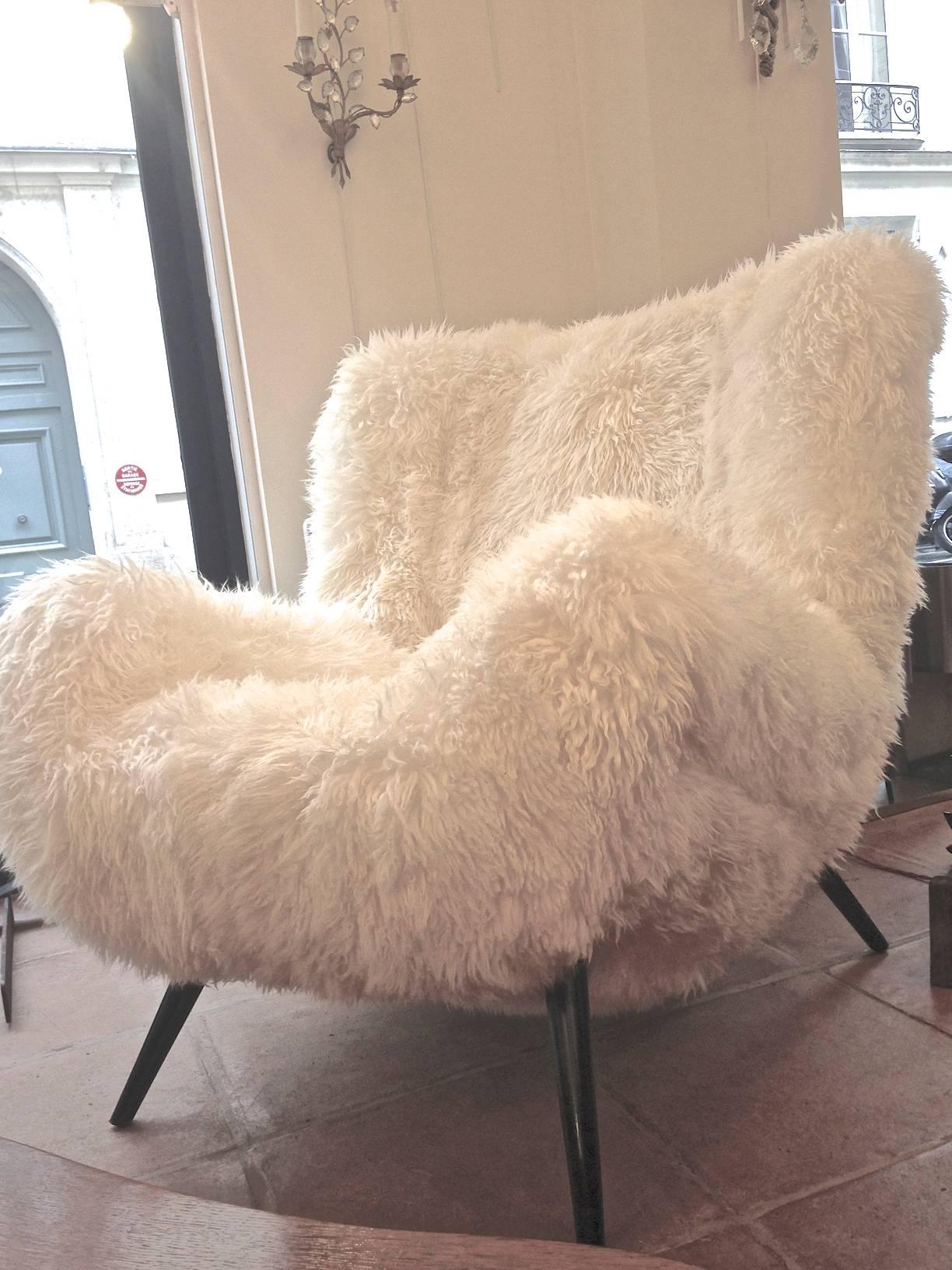 Fritz Neth Rarest Spectacular Wood Legged Lounge Chairs Covered in Sheepskin Fur For Sale 3