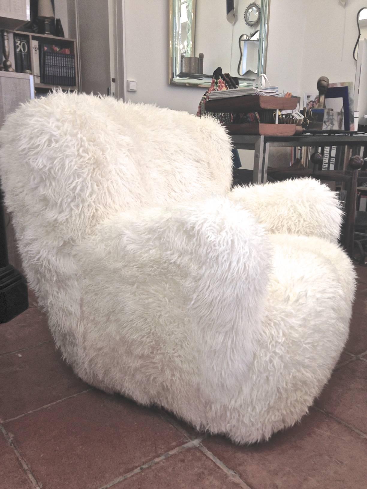 Viggo Boesen pair of hairy club chairs covered in sheep skin fur.