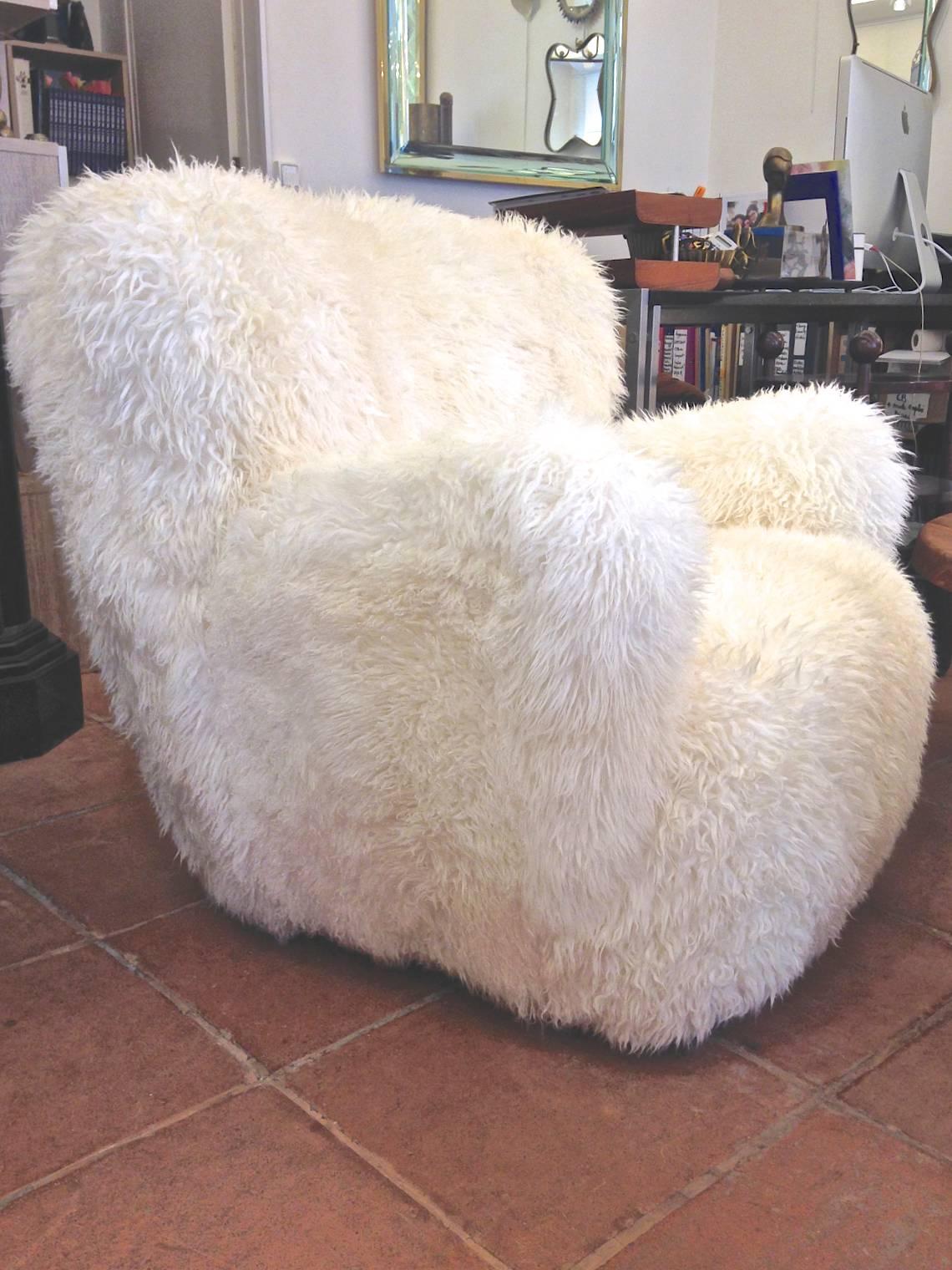 Danish Viggo Boesen Pair of Hairy Club Chairs Covered in Sheep Skin Fur For Sale