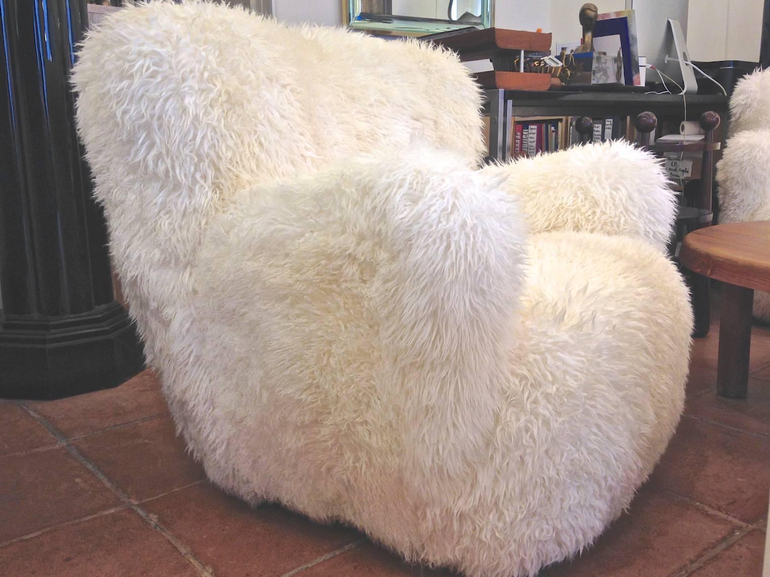 Sheepskin Viggo Boesen Pair of Hairy Club Chairs Covered in Sheep Skin Fur For Sale
