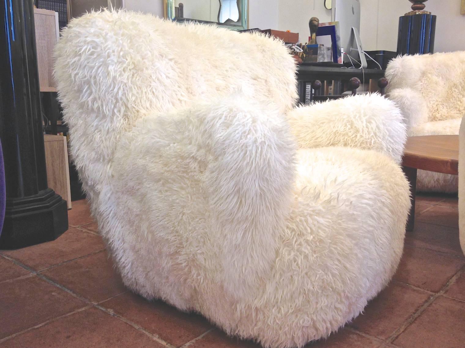 Viggo Boesen Pair of Hairy Club Chairs Covered in Sheep Skin Fur For Sale 1