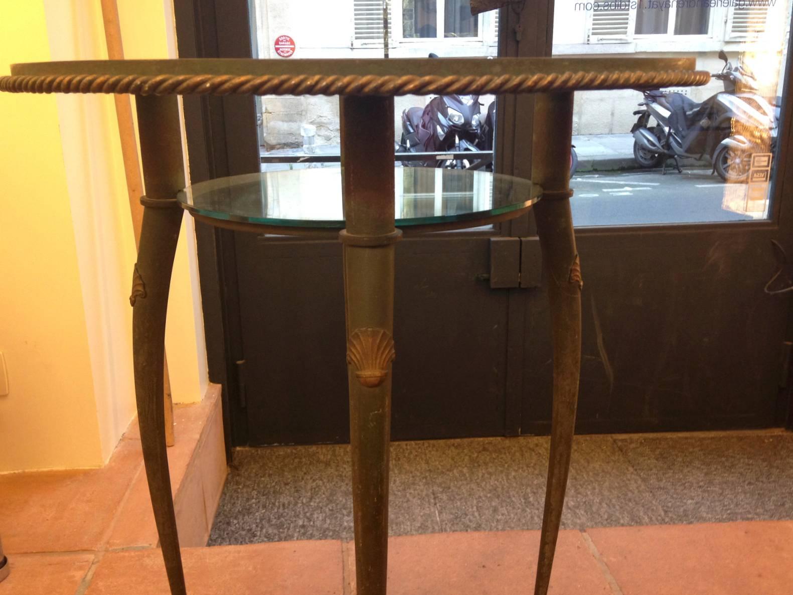 Glass In the Style of A. A. Rateau Refined Patinated Bronze Two-Tier Side Table For Sale