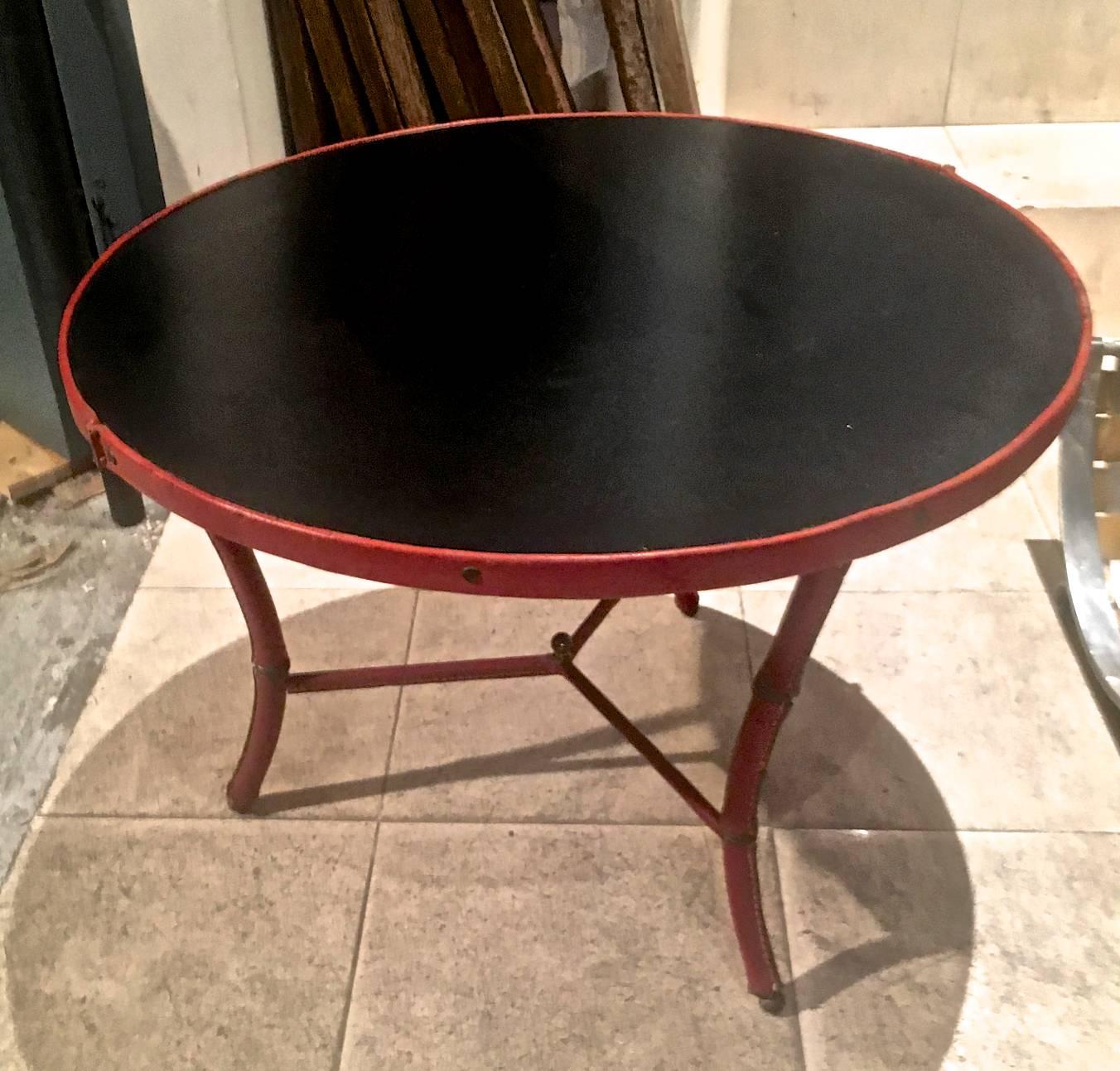 Mid-Century Modern Jacques Adnet Tri-Legged Round Coffee Table in Hand-Stitched Leather For Sale