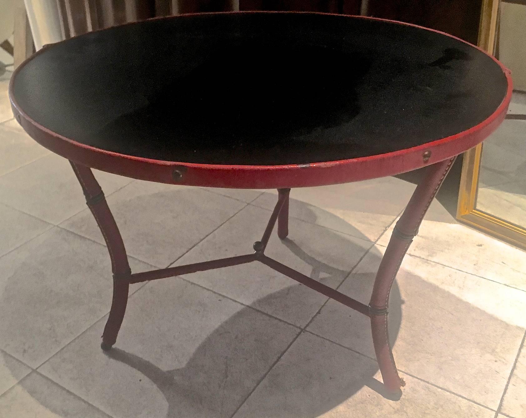 French Jacques Adnet Tri-Legged Round Coffee Table in Hand-Stitched Leather For Sale