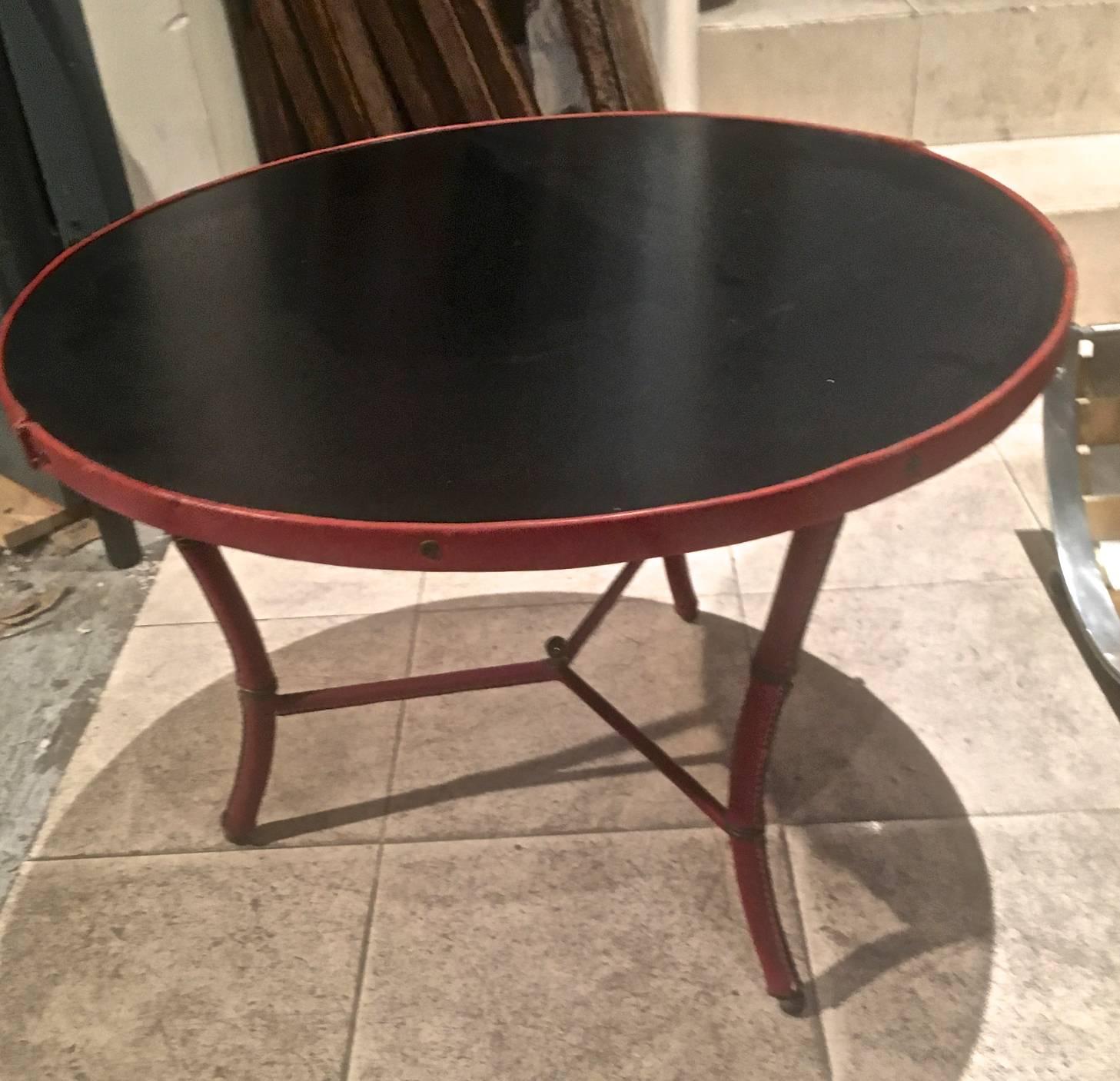 Mid-20th Century Jacques Adnet Tri-Legged Round Coffee Table in Hand-Stitched Leather For Sale