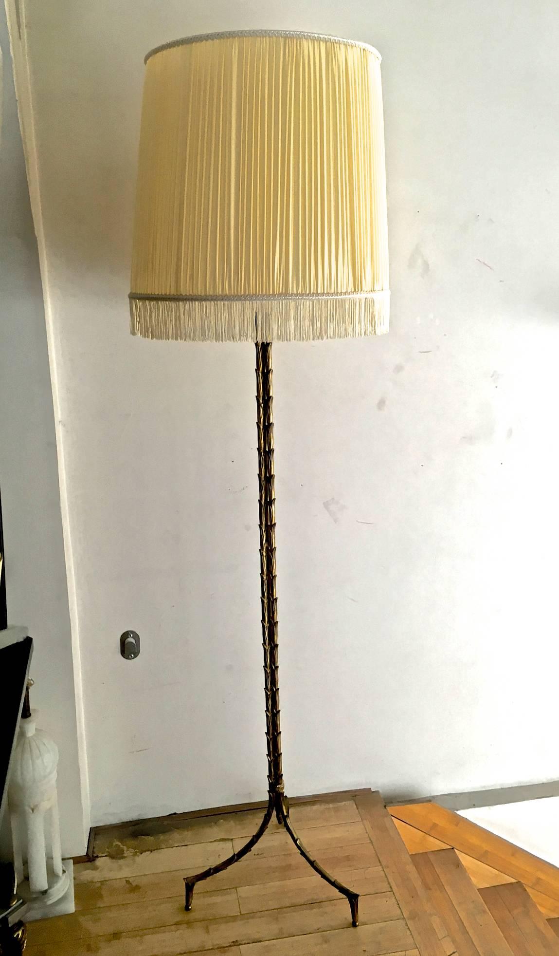 Mid-20th Century Maison Baguès Rare Pair of Refined Gold Bronze Floor Lamps, Silk Pleated Shades For Sale