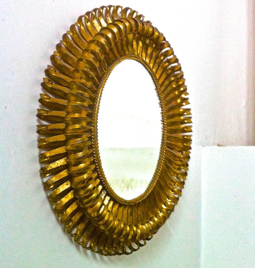 Gilt French Riviera Superb Oval Gold Leaf Wrought Iron Mirror For Sale