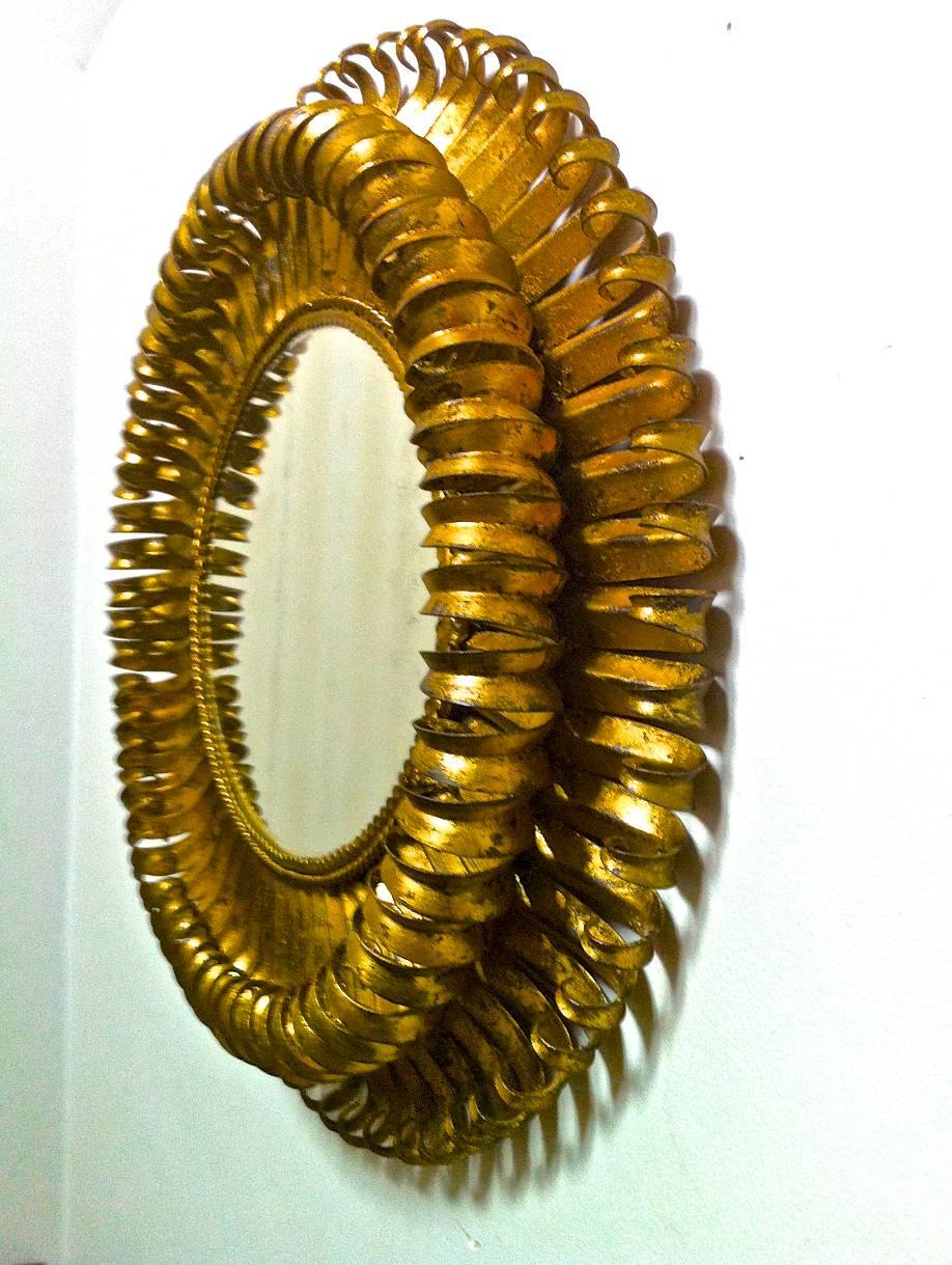 French Riviera Superb Oval Gold Leaf Wrought Iron Mirror For Sale 2