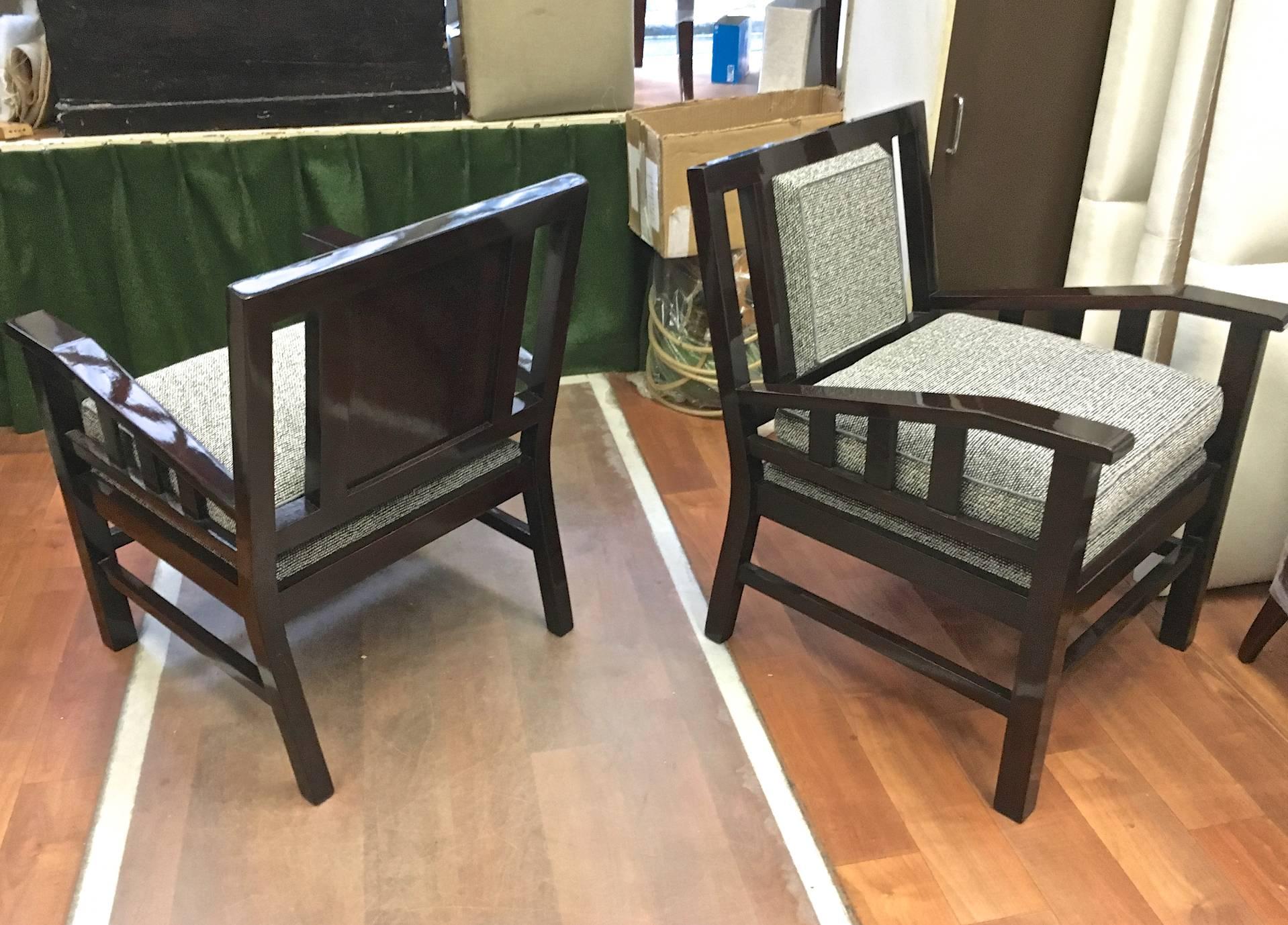 Mahogany Francis Jourdain Modernist Pair of Chairs Fully Restored in Charcoal Chine Cloth For Sale
