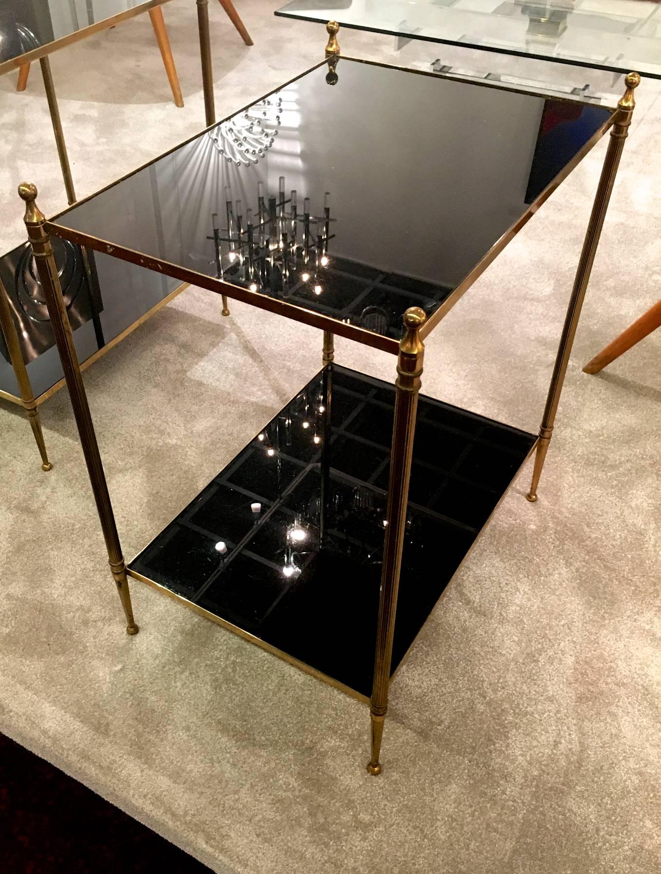 Mid-Century Modern Maison Jansen Chic Pair of Neoclassic Two Tiers Bronze and Black Opaline Tables