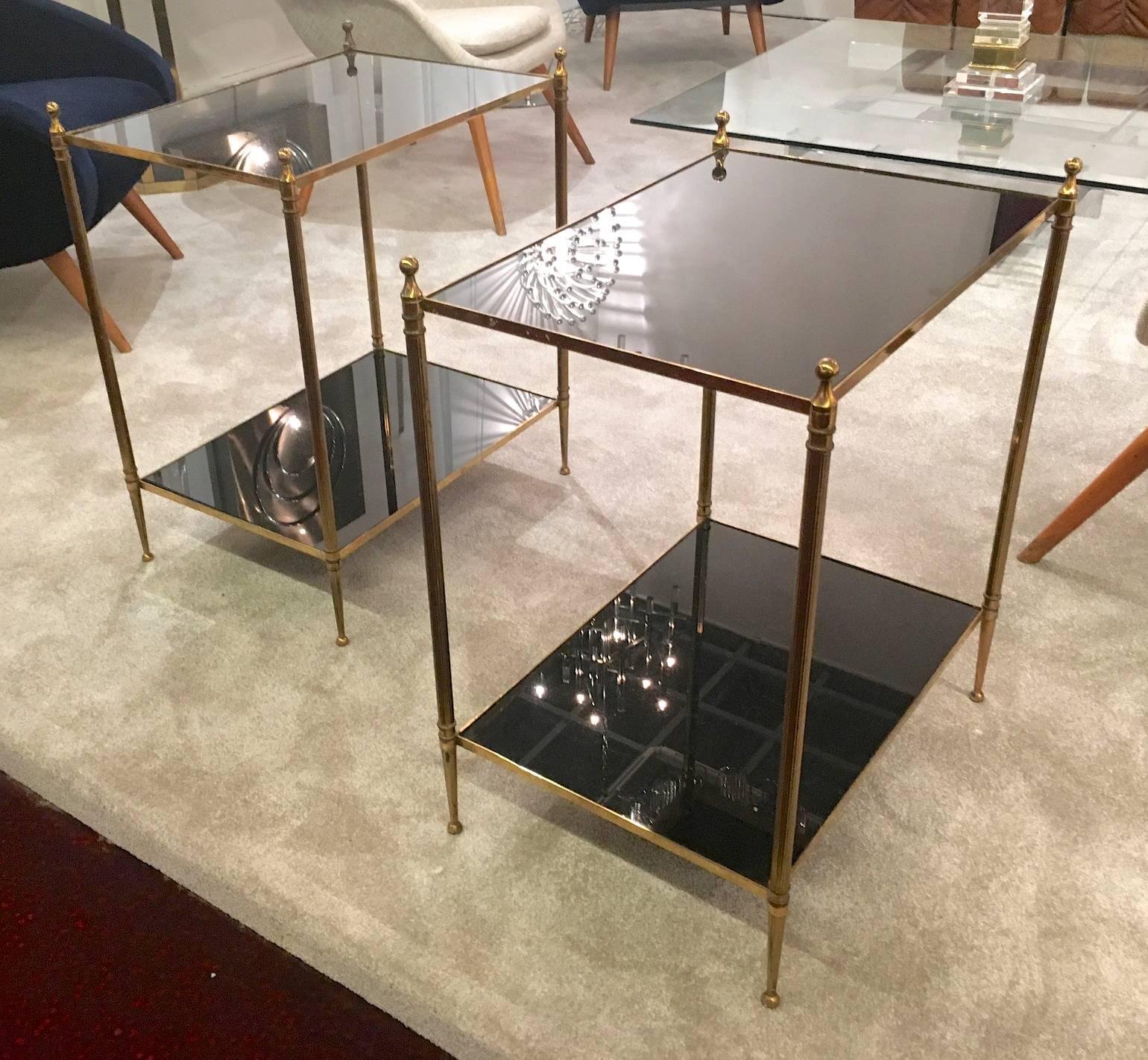 Maison Jansen chic pair of neoclassic two tiers bronze and black opaline tables.