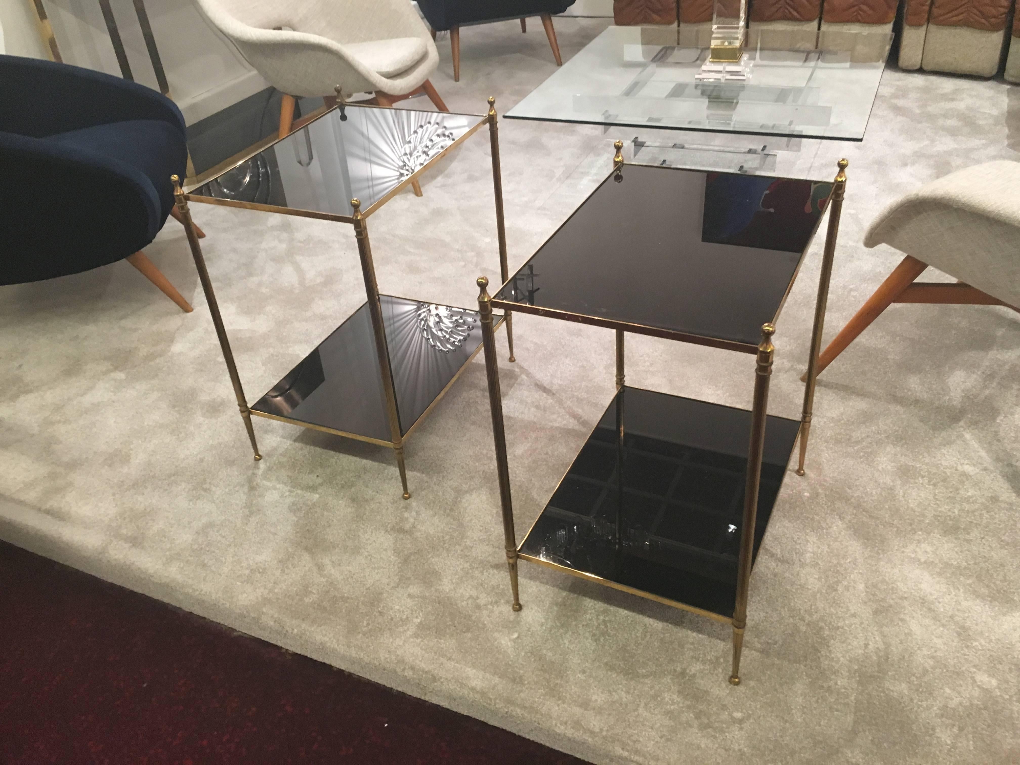 Maison Jansen Chic Pair of Neoclassic Two Tiers Bronze and Black Opaline Tables 4