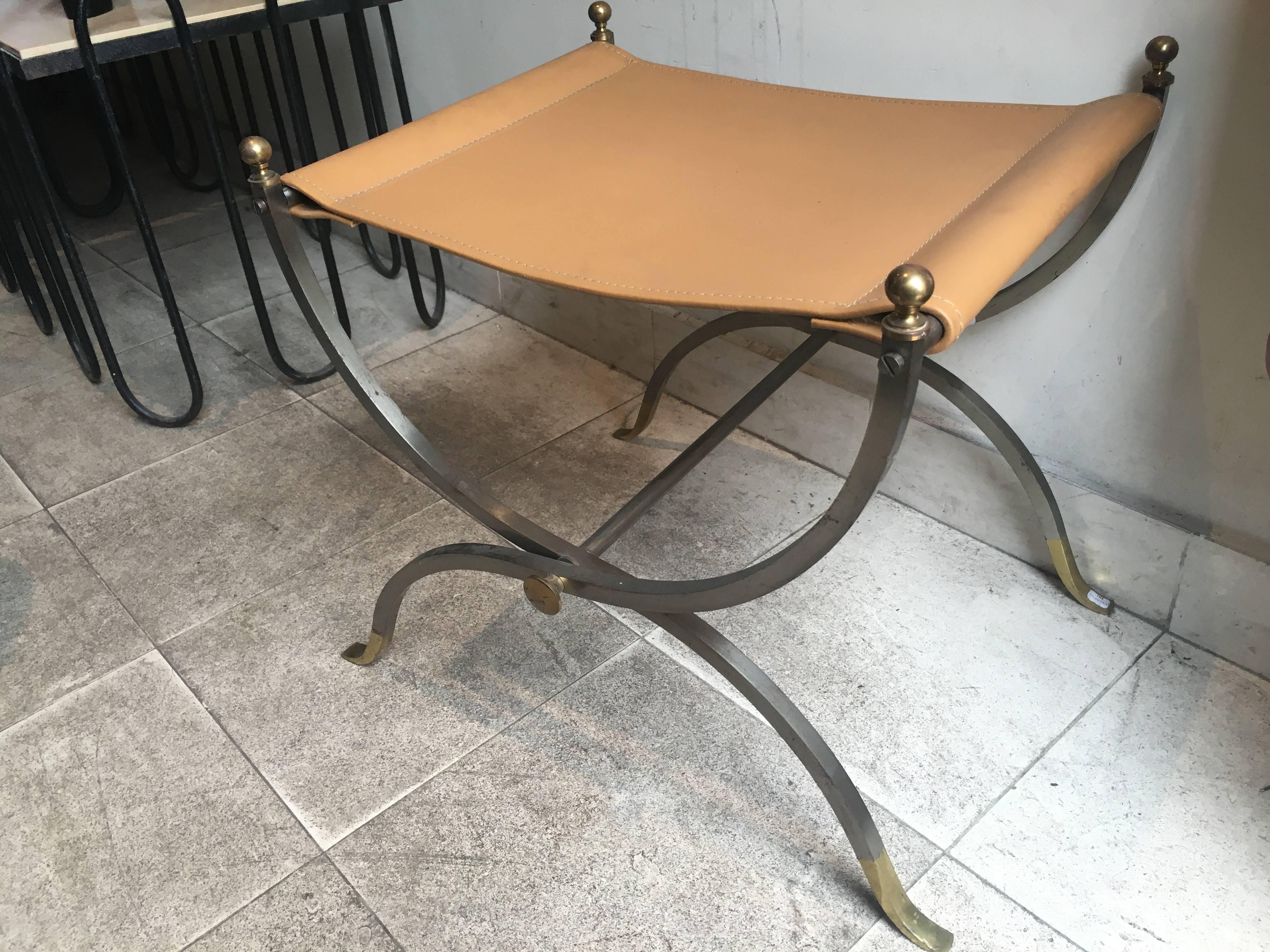 French Maison Charles Pair of Bronze, Steel and Leather Folding Pure Pair of Stools For Sale