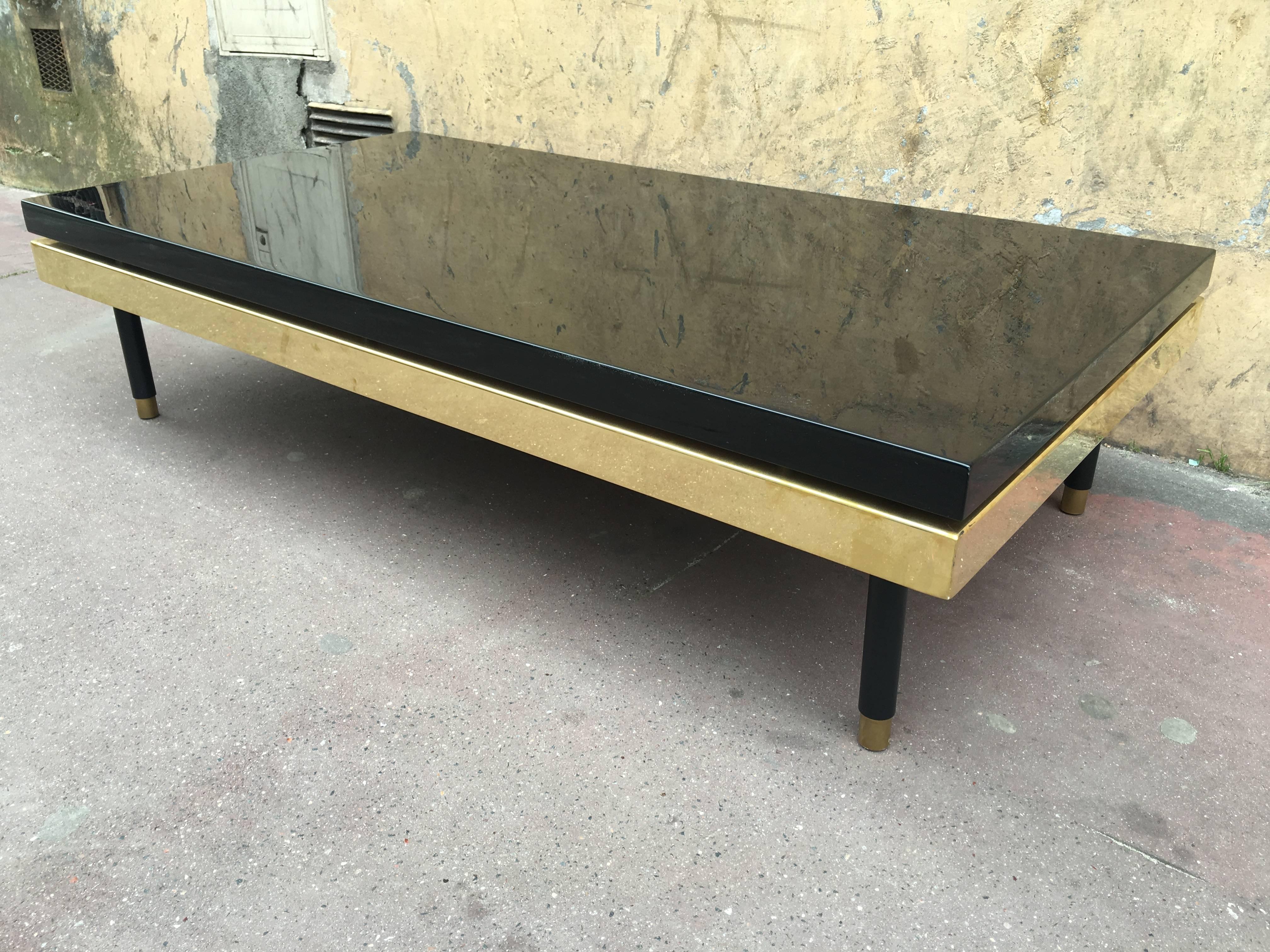Mid-Century Modern Superb Italian Black Lacquered Big Coffee Table with a Gold Metal Apron For Sale