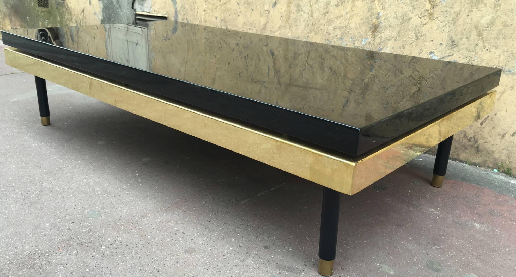 Brass Superb Italian Black Lacquered Big Coffee Table with a Gold Metal Apron For Sale