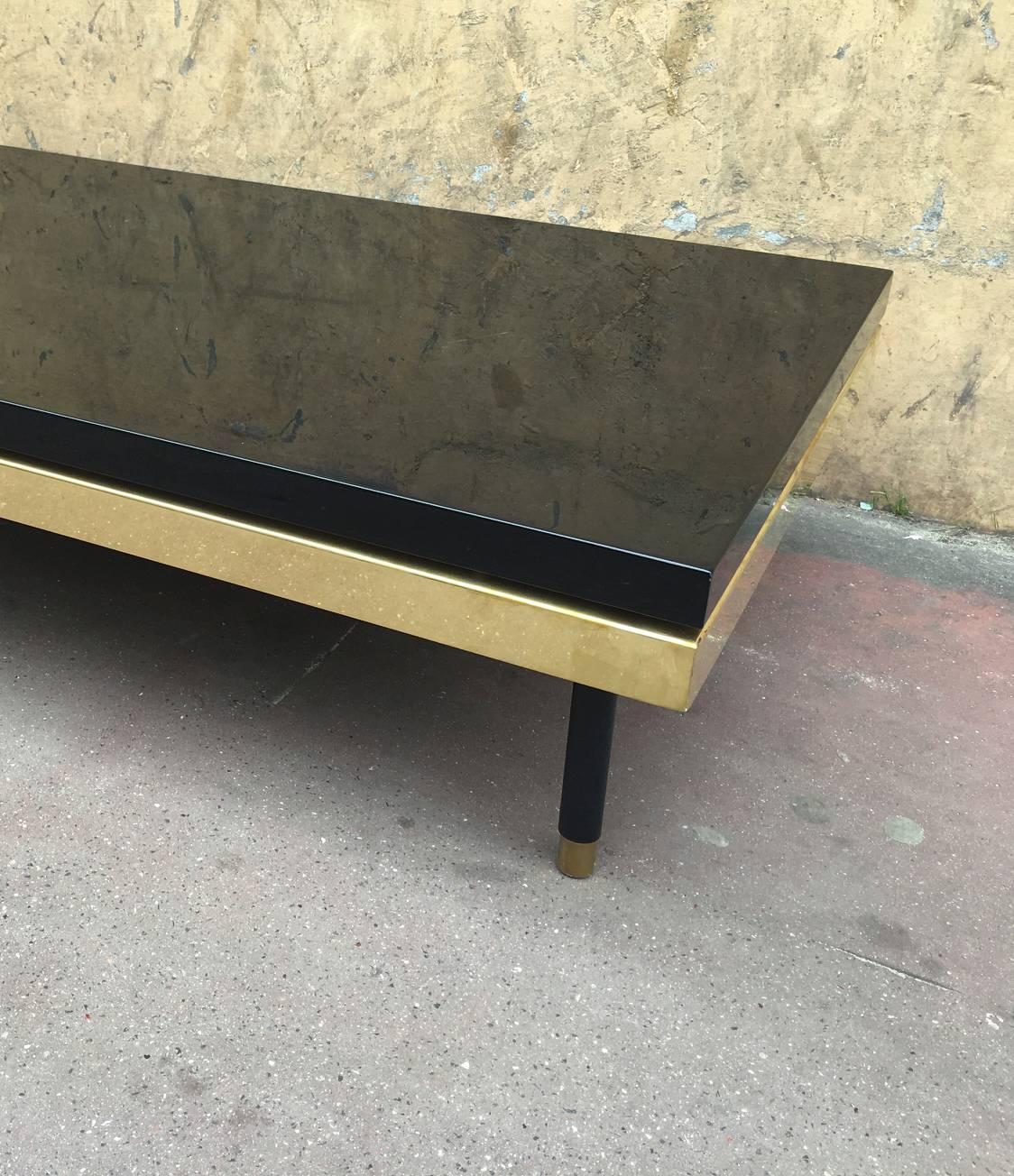 Superb Italian Black Lacquered Big Coffee Table with a Gold Metal Apron For Sale 1