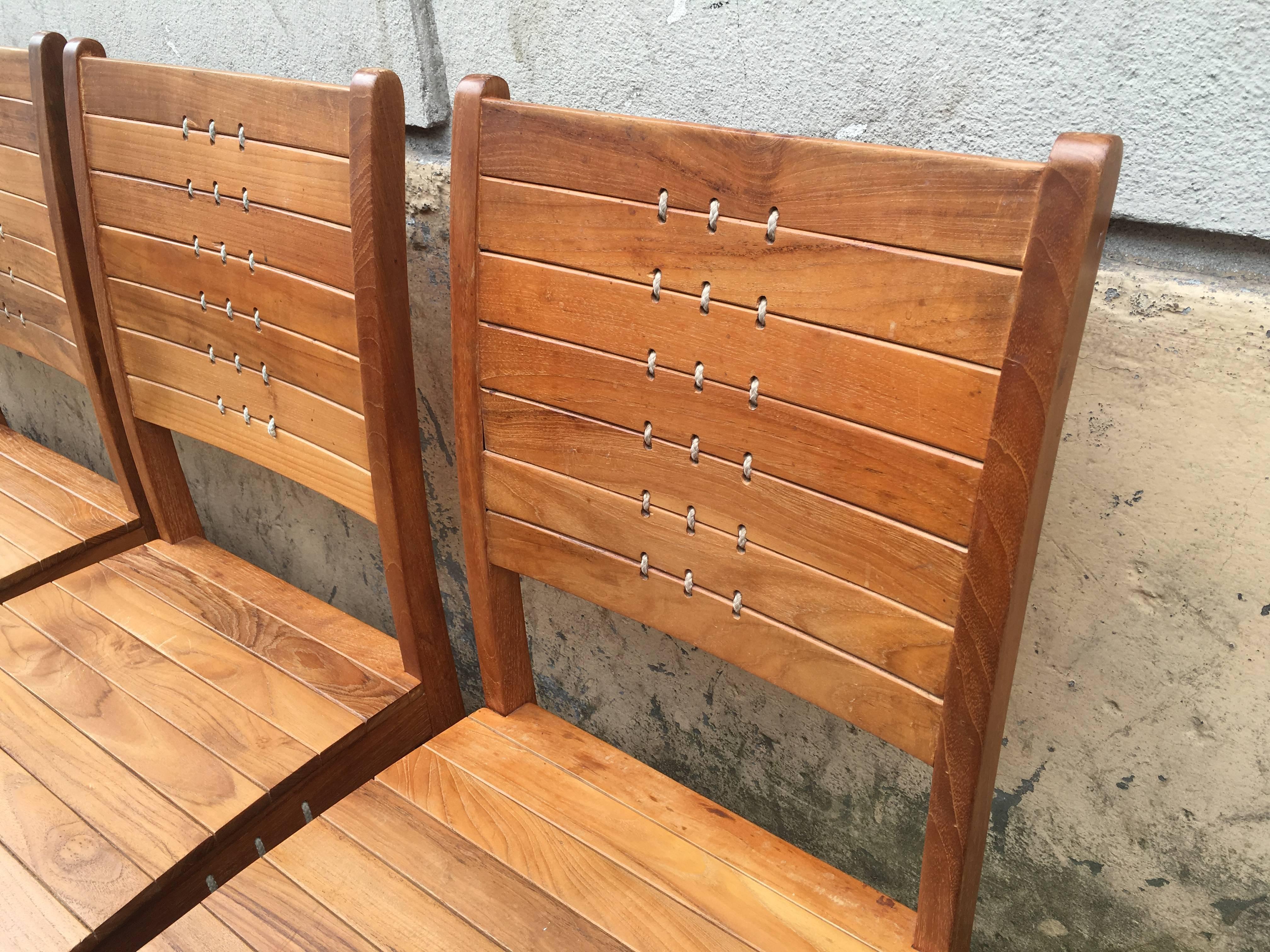 Mid-Century Modern French Riviera Style Set of Six Chairs in Solid Wood and Rope Woven Wood Back For Sale