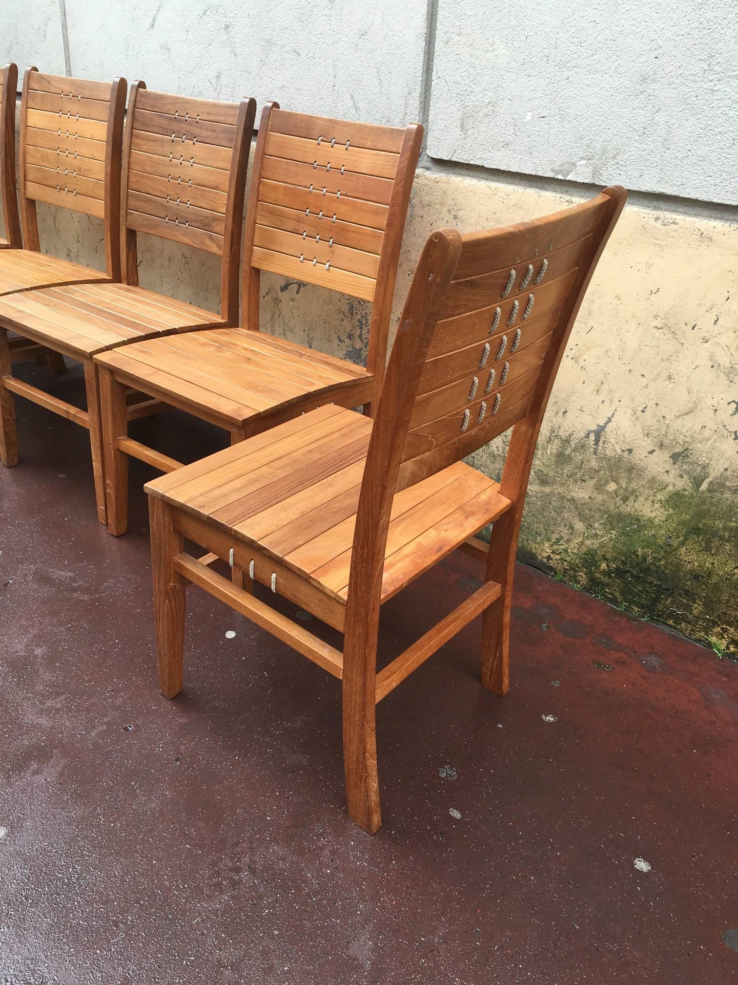 French Riviera Style Set of Six Chairs in Solid Wood and Rope Woven Wood Back In Good Condition For Sale In Paris, ile de france