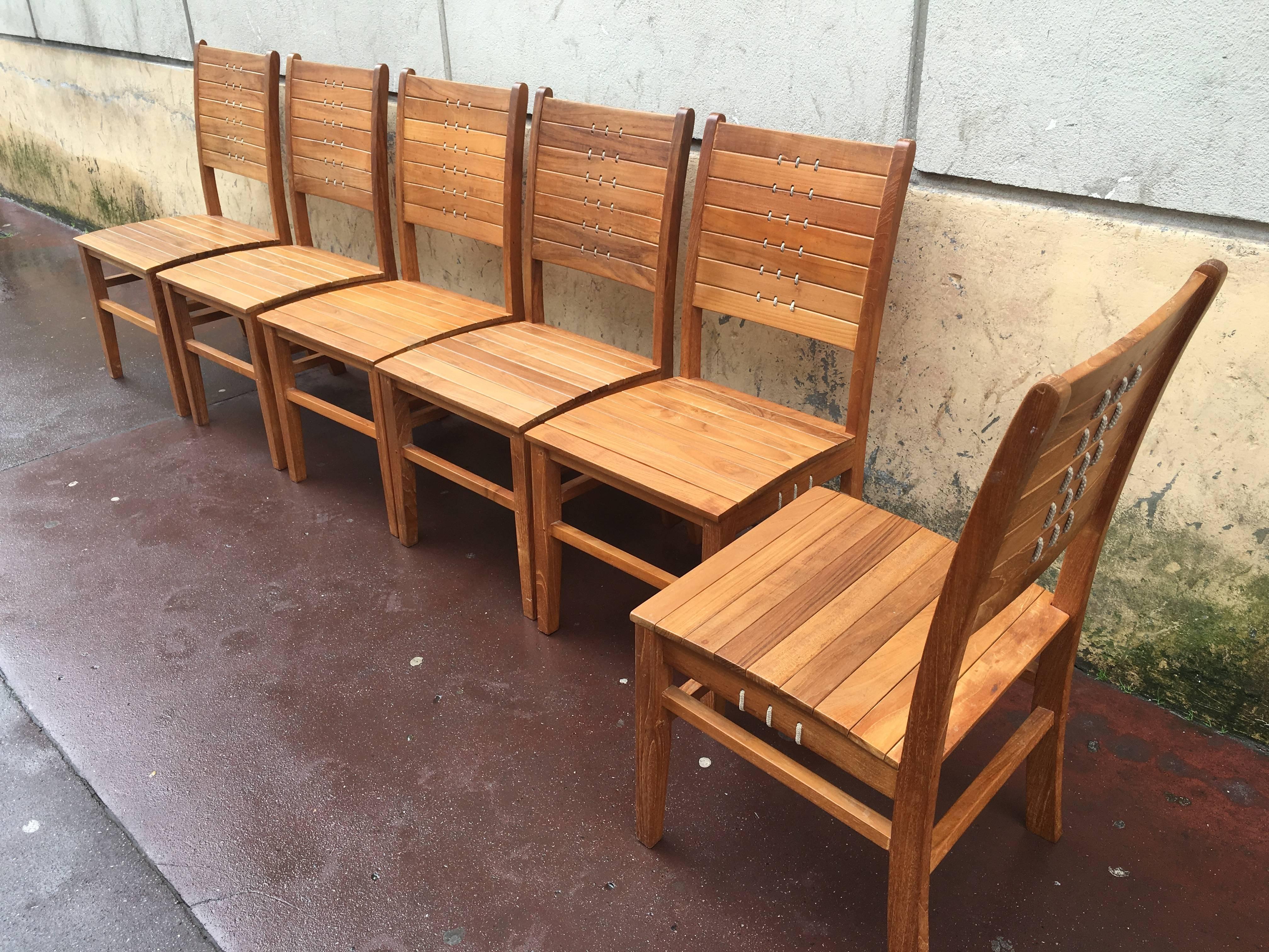 Mid-20th Century French Riviera Style Set of Six Chairs in Solid Wood and Rope Woven Wood Back For Sale